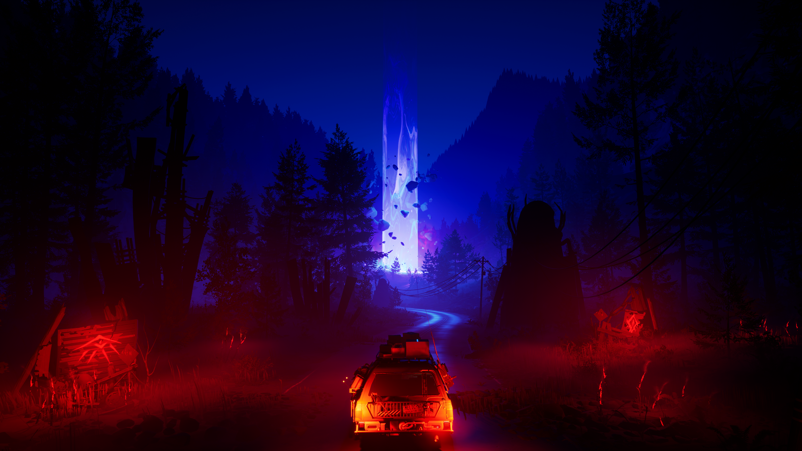 Um vagão de estação de iluminação vermelha dirige em direção a um pilar azul de luz em Pacific Drive: Whispers in the Woods