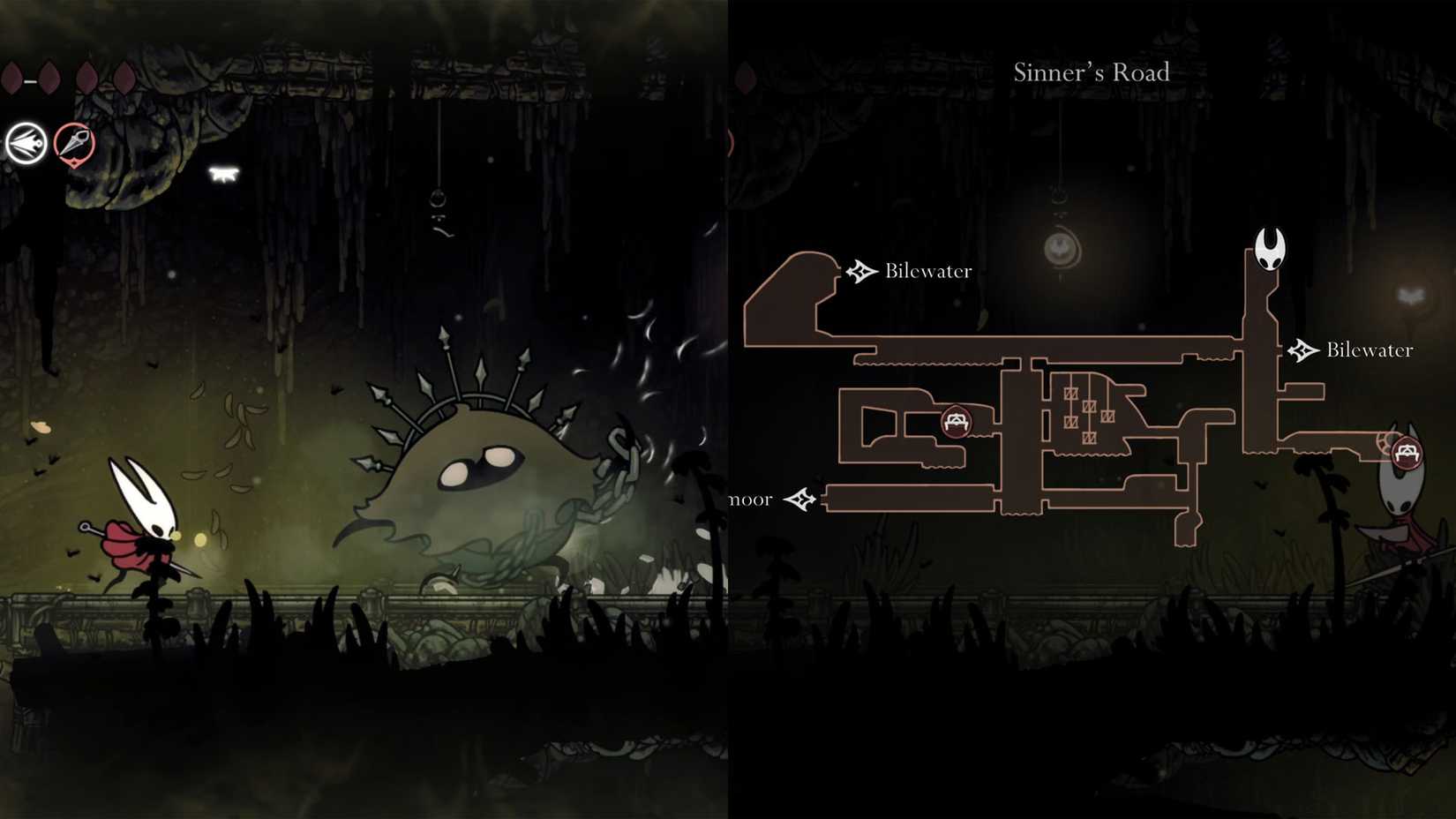 Hornet lutando contra um barato na estrada do pecador em Hollow Knight: Silksong.