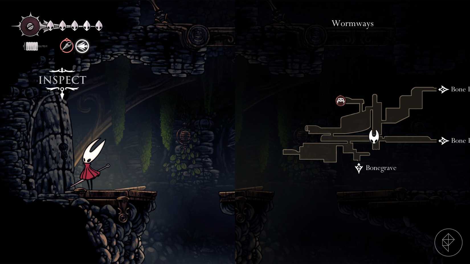 Hornet em pé na frente de uma porta trancada em Hollow Knight: Silksong.