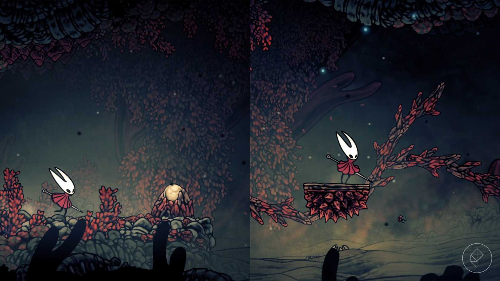 Hornet em pé em frente a uma bola de ouro que constrói uma via de árvore quando atingida em Hollow Knight: Silksong.