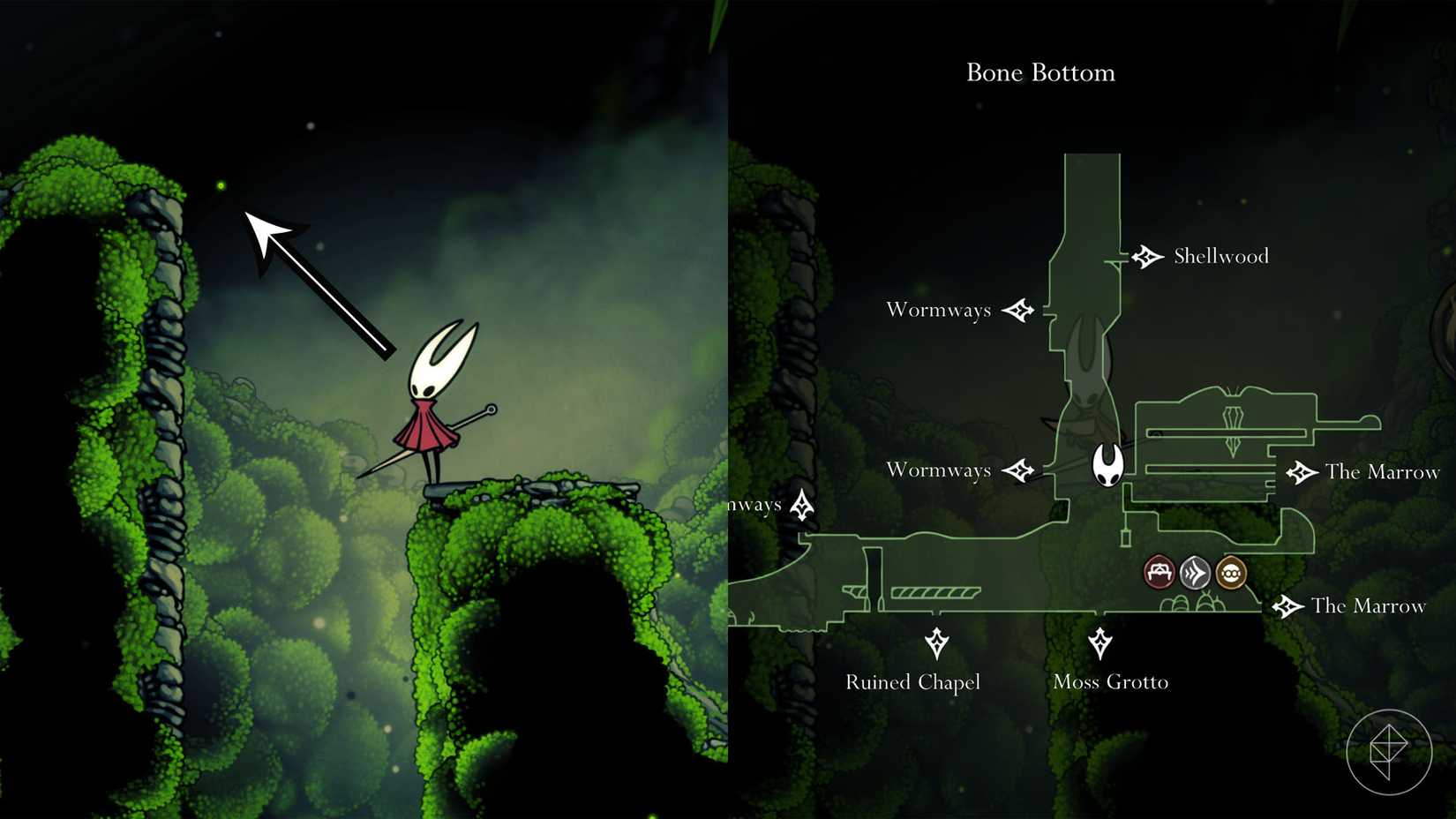 Uma flecha apontando para uma borda ao lado de Hornet em Hollow Knight: Silksong.