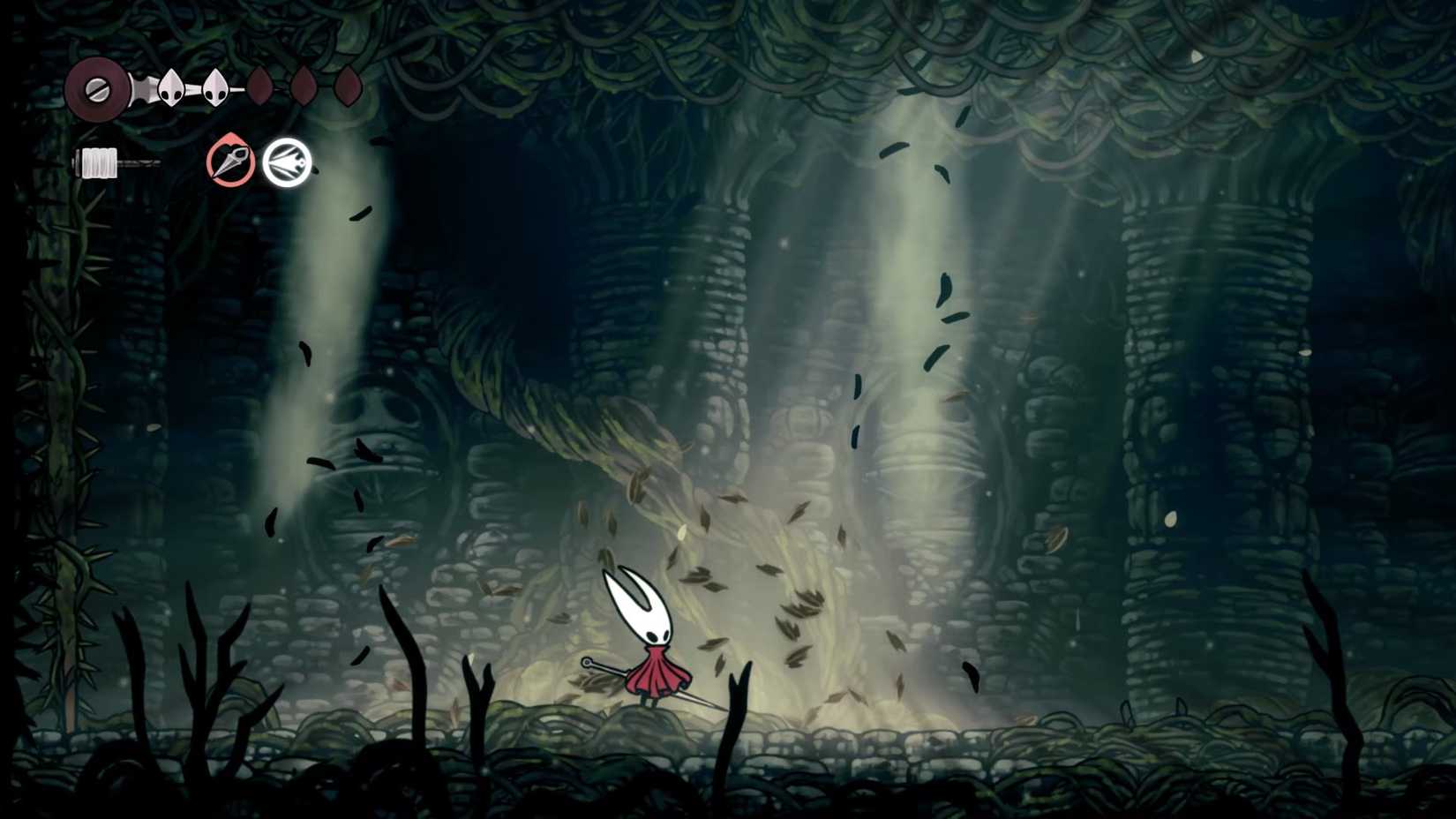 Dois eixos de luz indicando onde a irmã Splinter convocará cordas de espinhos em Silksong