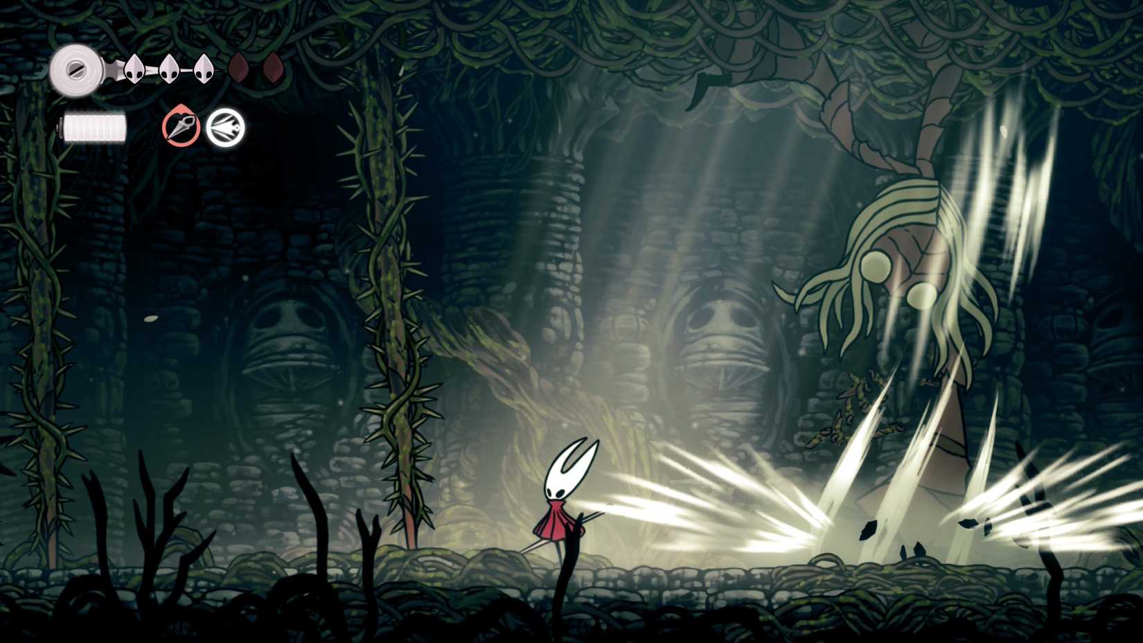 Hornet evitando a irmã Splinter em Silksong