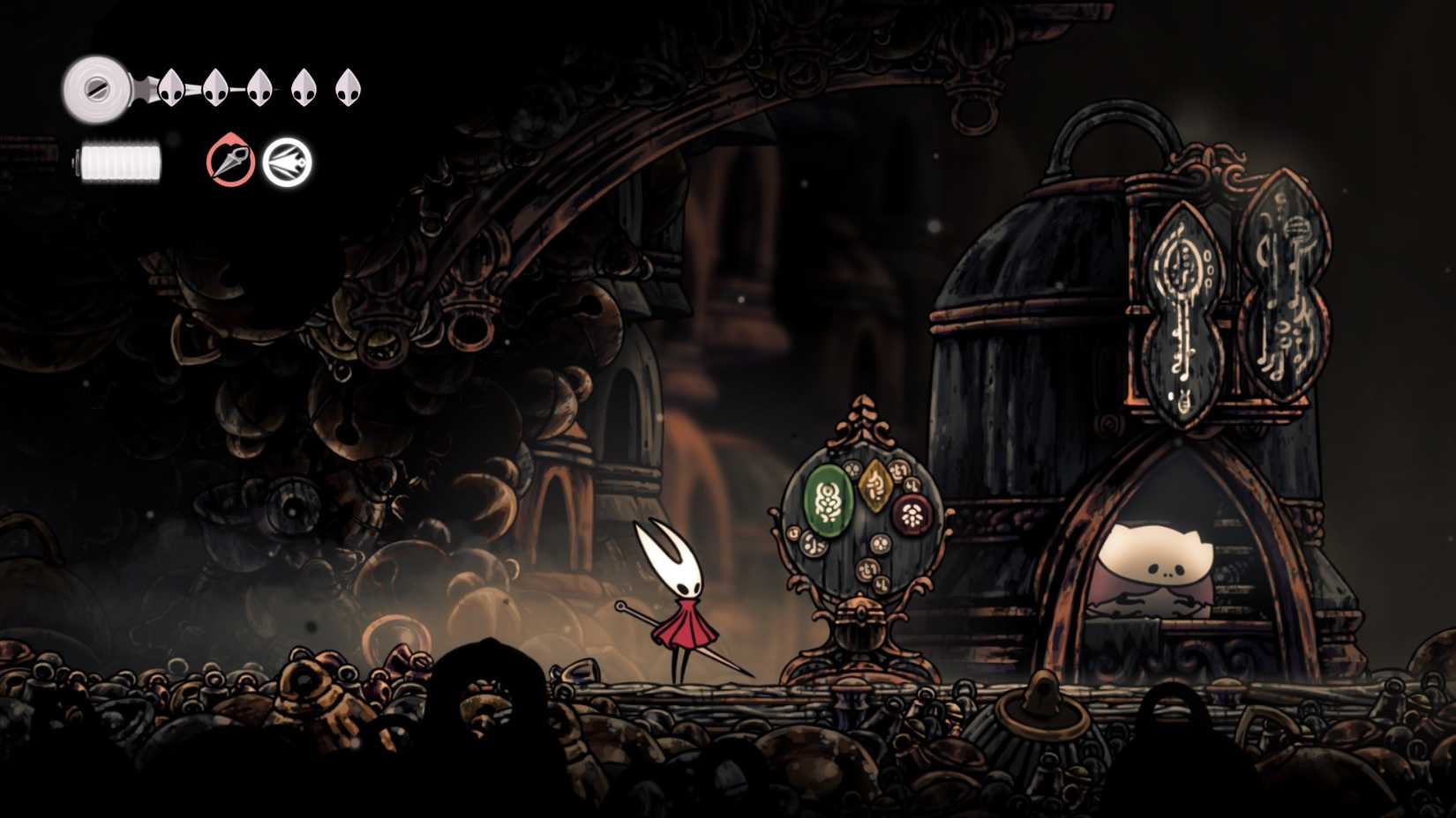 Hornet se aproximando da loja Bellhart em Silksong