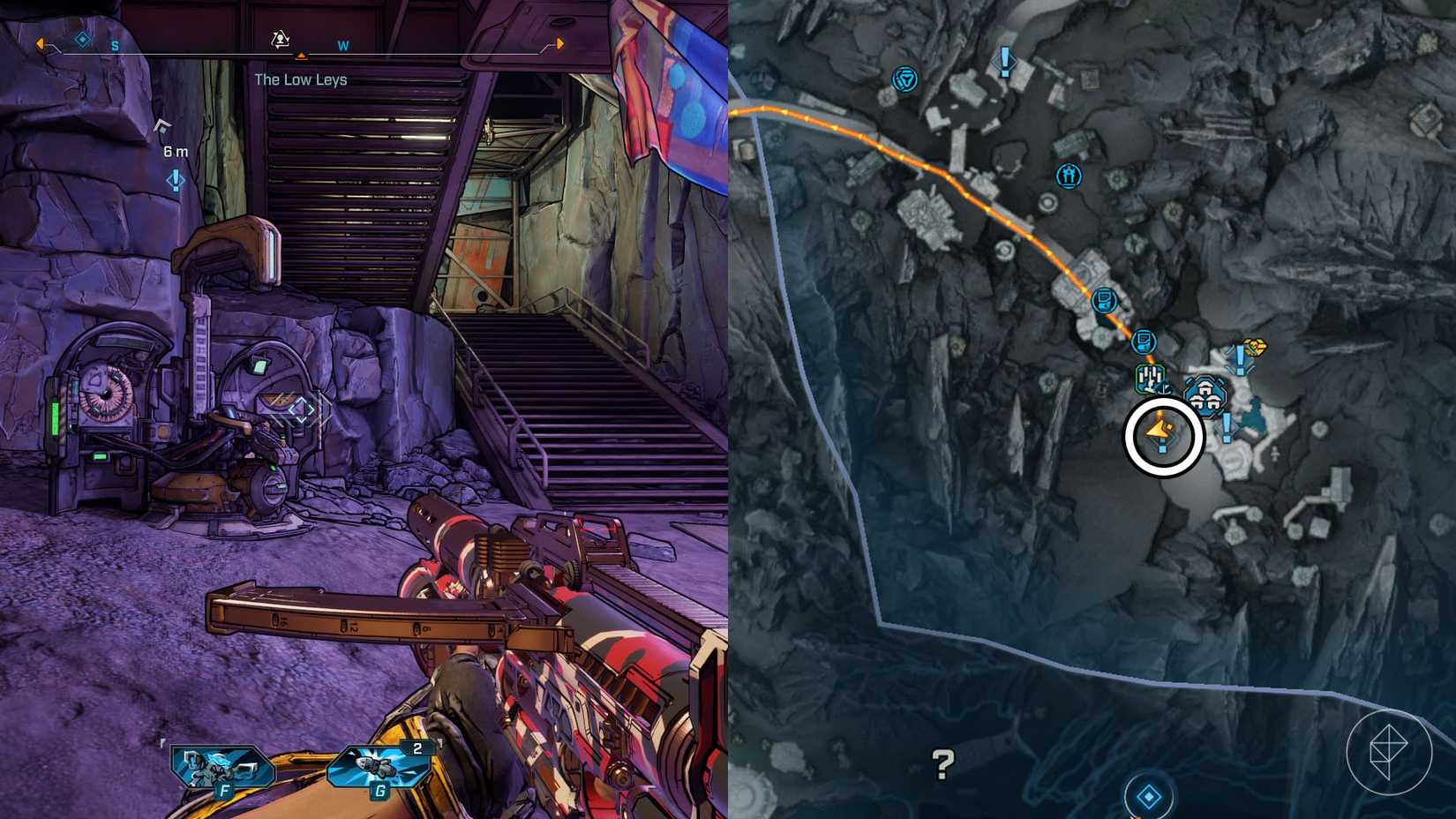 Uma montagem de duas imagens borda 4, mostrando a localização da máquina Respec na área de Belton's Bore