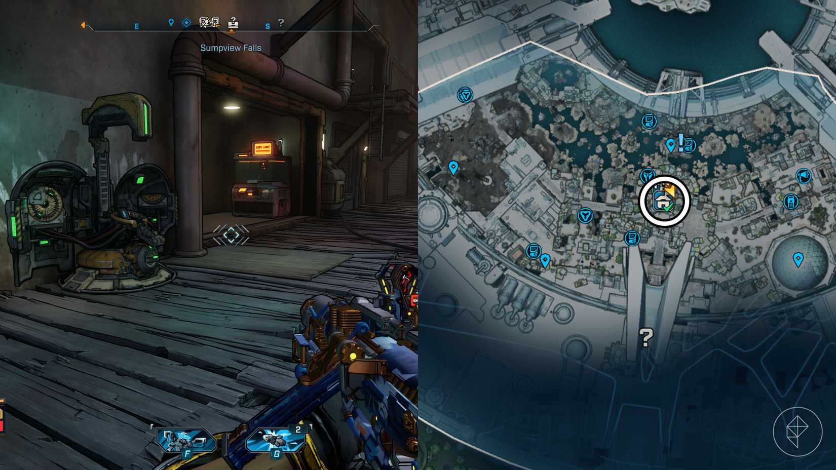 Uma montagem de duas imagens borda de 4 bordas, mostrando a localização da máquina Respec na área de Sumpview Falls