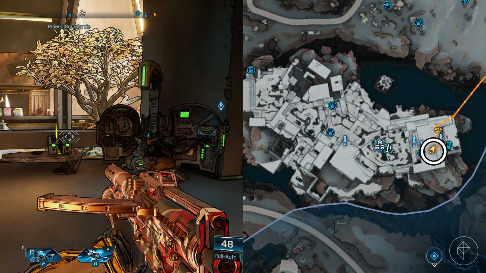 Uma montagem de duas imagens borda 4, mostrando a localização da máquina Respec na área de Carcadia