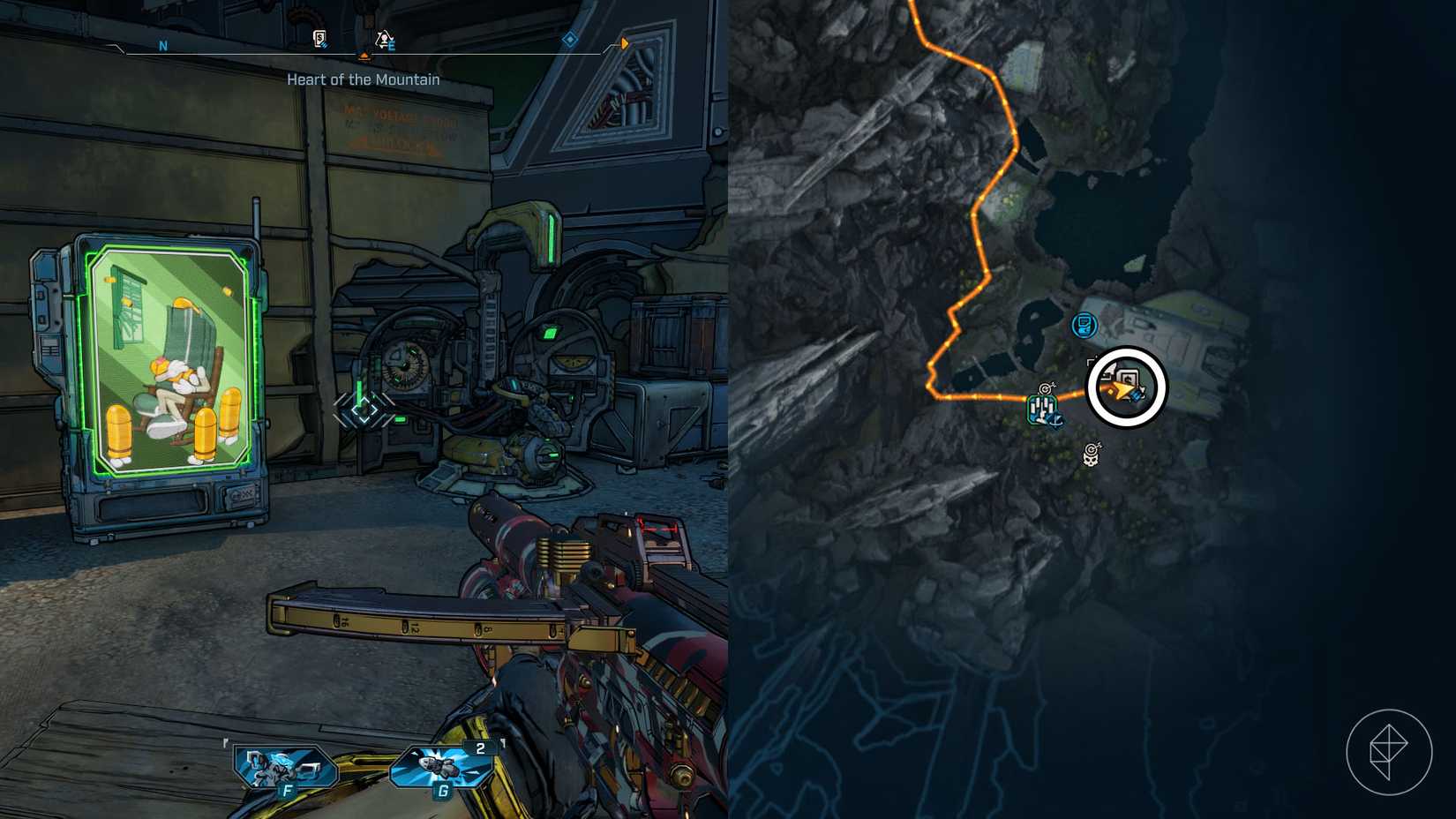 Uma montagem de duas imagens borda de 4 bordas, mostrando a localização da máquina Respec nos ossos da área do santuário