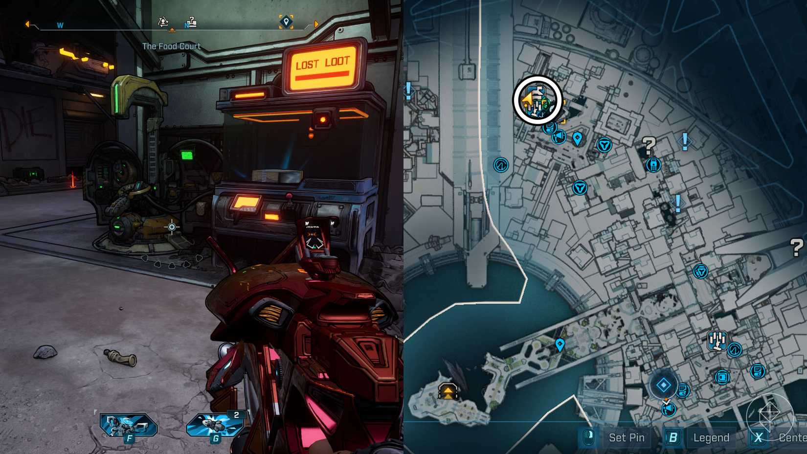 Uma montagem de duas imagens de Borderlands 4 mostrando a localização da máquina Respep no cofrehhouse da quadra de alimentos