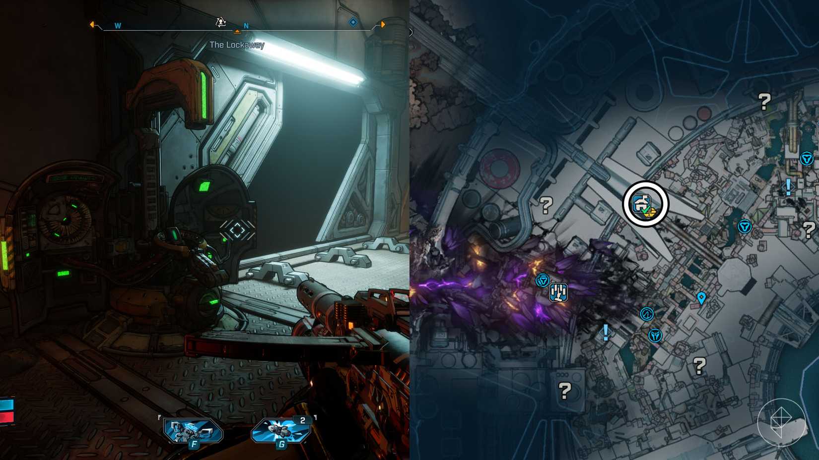 Uma montagem de duas imagens borda 4, mostrando a localização da máquina Respec no Lockaway Safehouse