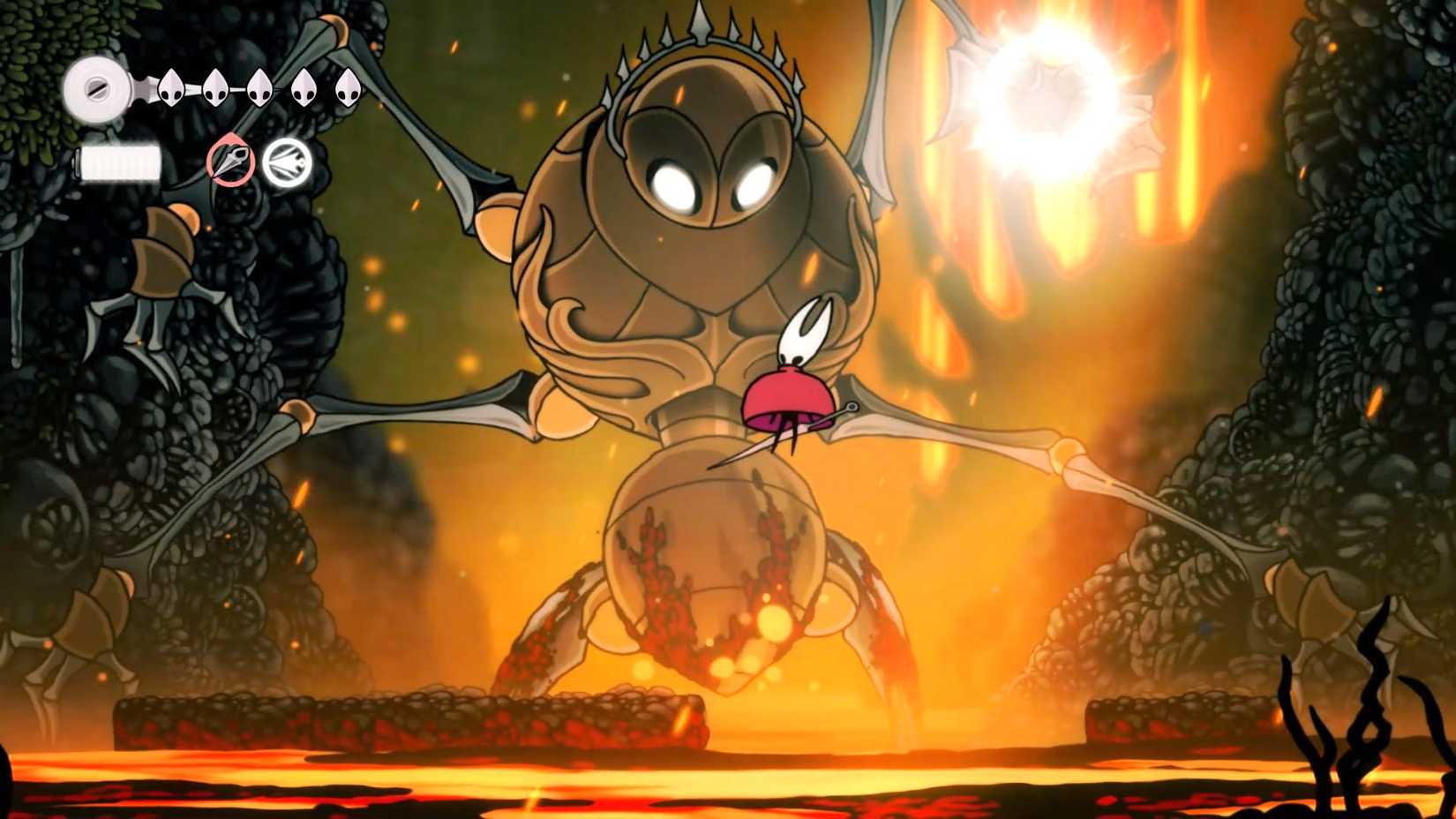 Hornet evitando um ataque que chegou do quarto coro em Silksong