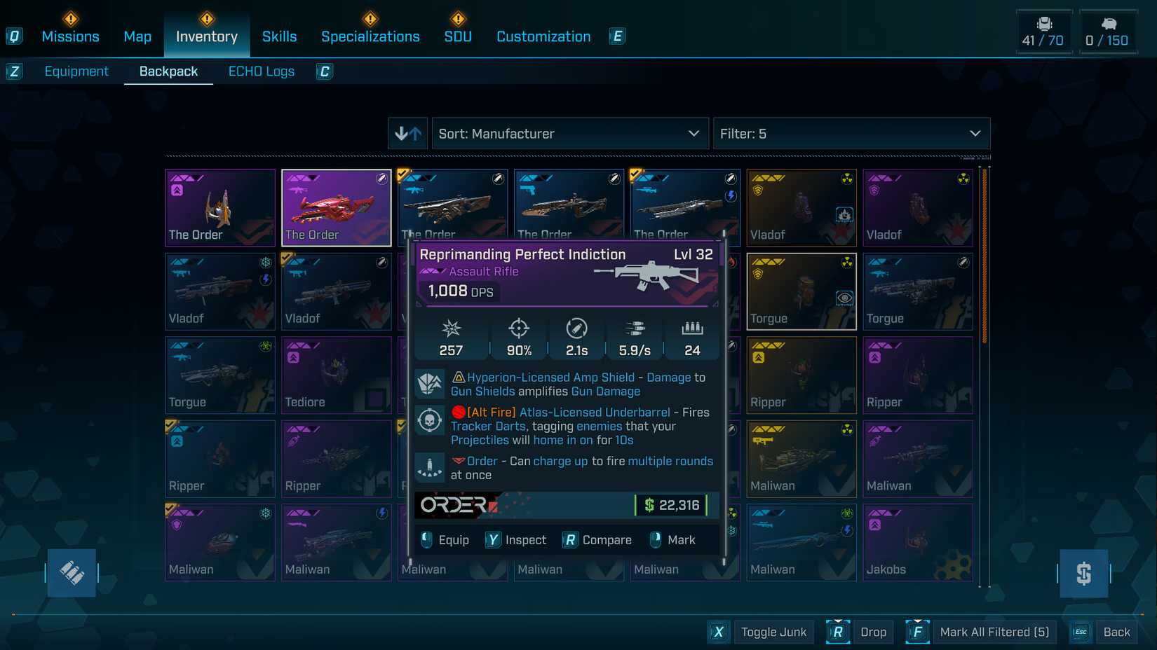 Uma captura de tela Borderlands 4 mostrando uma arma de ordem e seus afixos