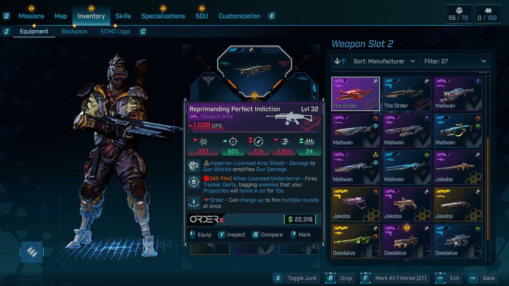 Uma captura de tela Borderlands 4 mostrando uma pistola de hyperion e seus afixos