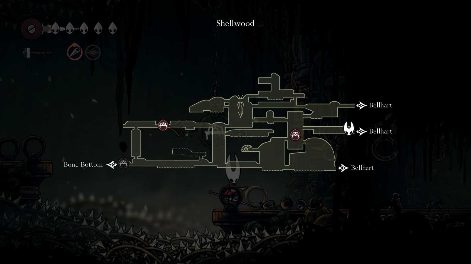Um mapa mostrando a entrada para Bellhart do banco de Shellwood em Silksong
