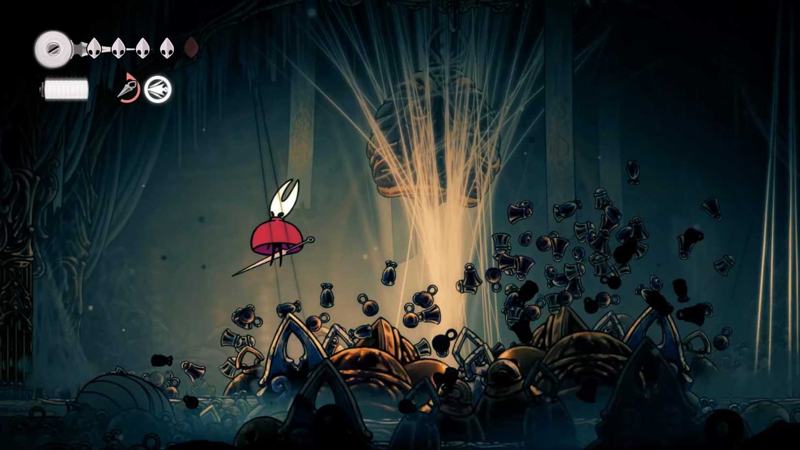 Hornet esquivando -se de uma campainha gigante em silkong