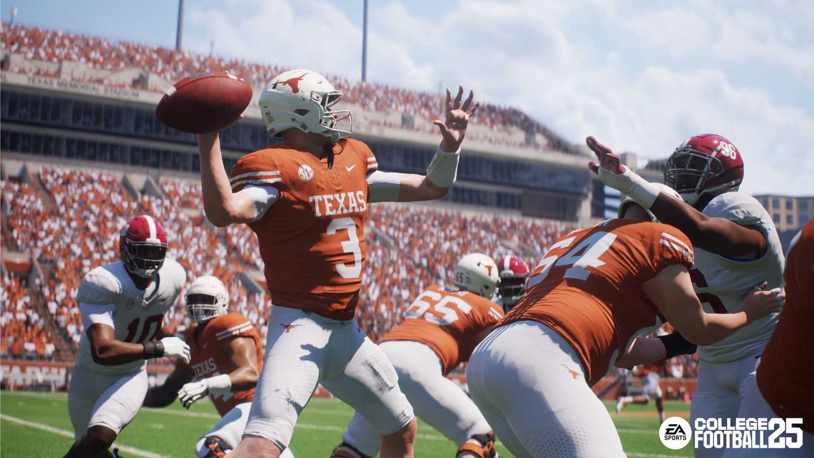 Uma captura de tela do EA Sports College Football 25, representando um jogador do Texas Longhorns no meio de um passe, enquanto seus companheiros de equipe bloqueiam um jogador adversário que se aproxima