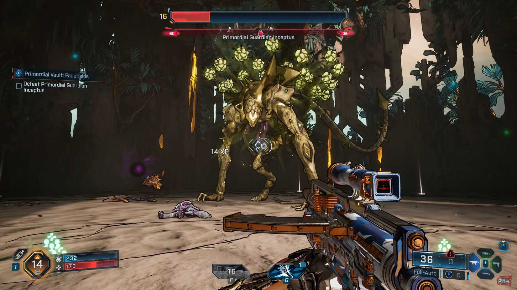 Uma captura de tela Borderlands 4 mostrando o chefe de Inteceptus atirando esporos de suas costas