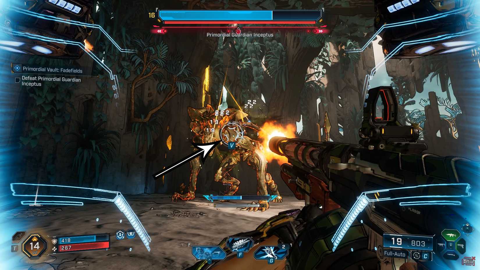 Uma captura de tela de Borderlands 4 mostrando uma das peças de armadura que você pode remover do corpo Inteceptus com seu gancho de luta