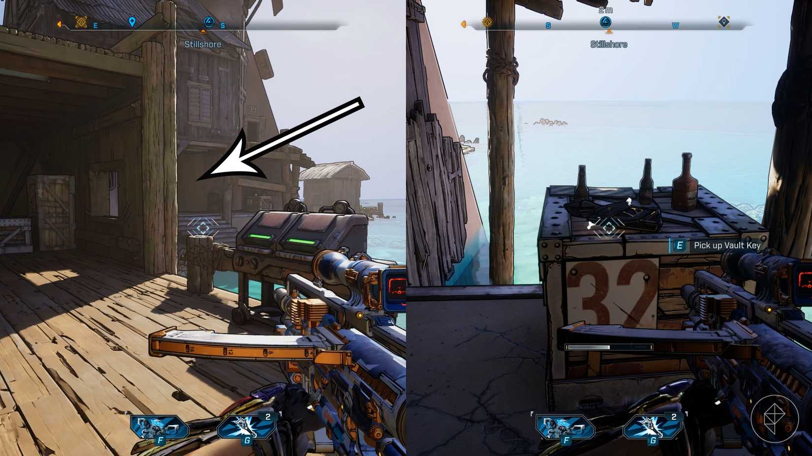 Uma segunda montagem de duas imagens de Borderlands 4 mostrando a localização de onde os jogadores encontram o terceiro fragmento de chave do Vault na região dos Fadefields