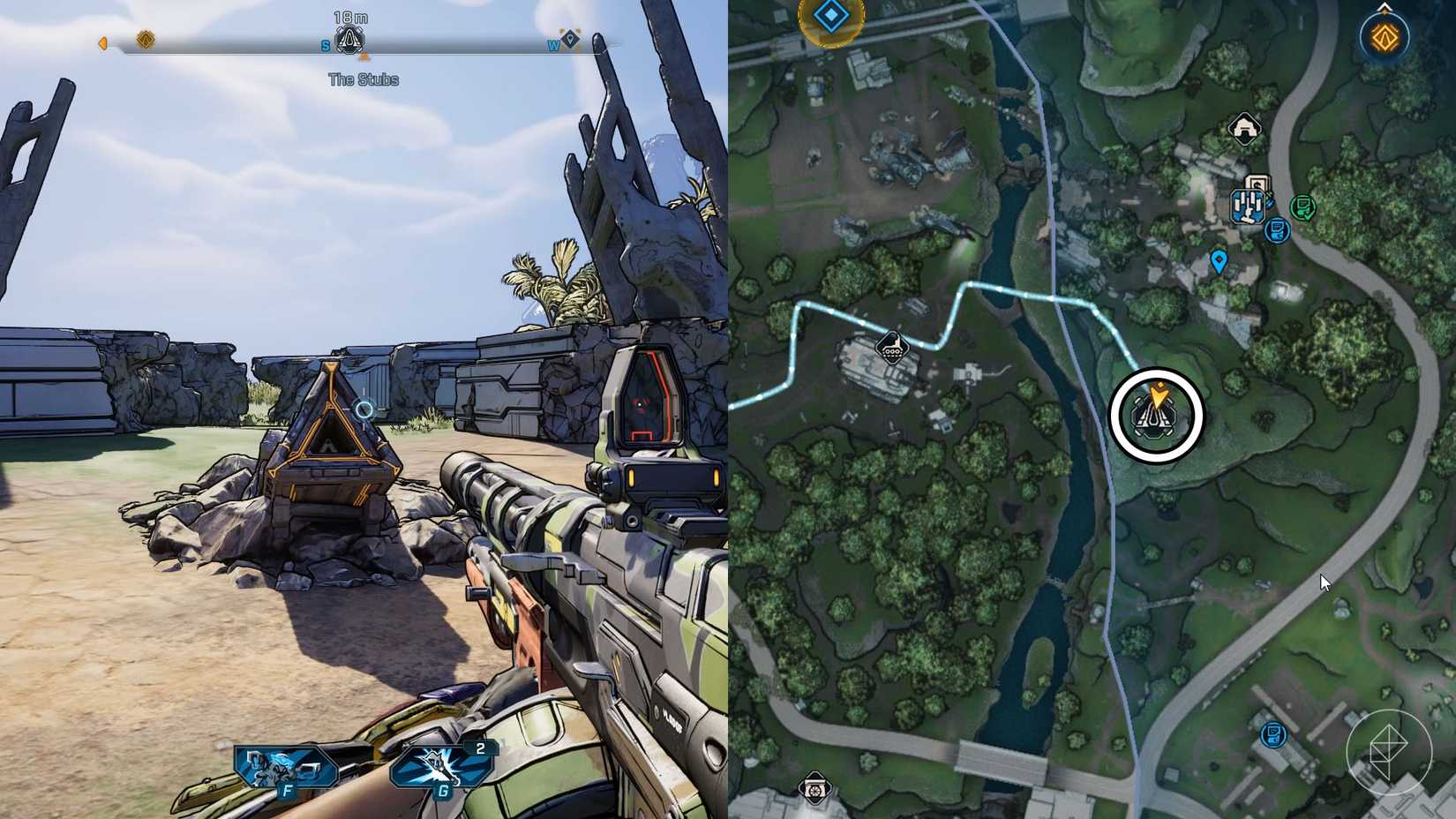 Uma montagem de duas imagens Borderlands 4 mostrando a localização de onde os jogadores encontram a porta do cofre Fadefield