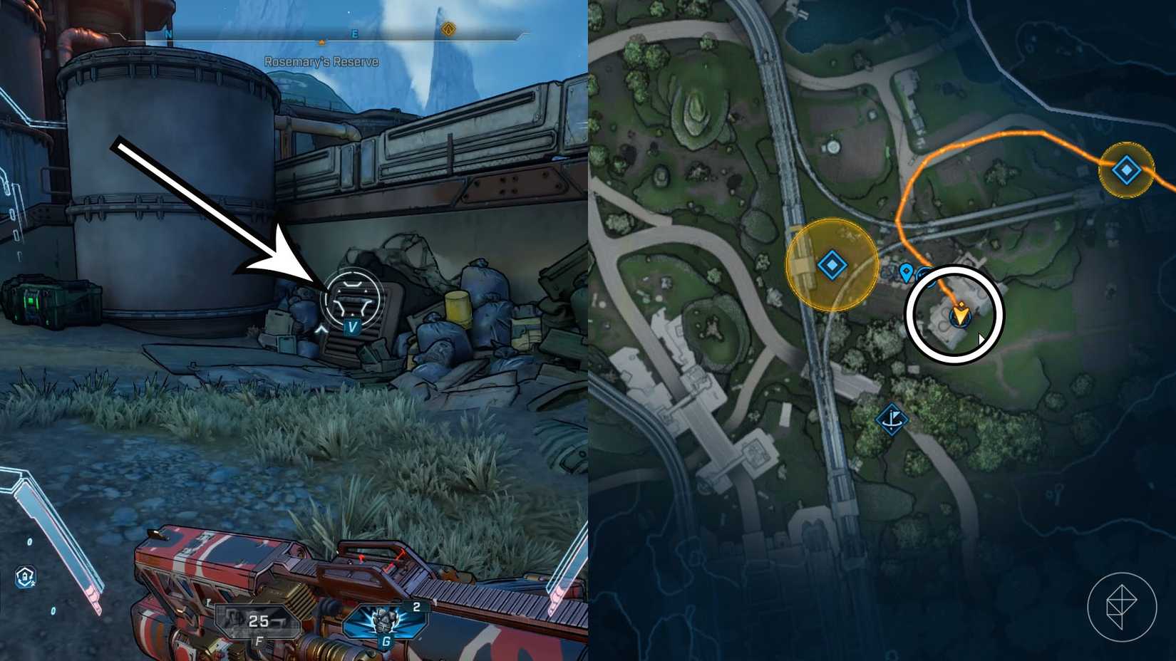 Uma montagem de duas imagens Borderlands 4 mostrando a localização de onde os jogadores encontram o segundo fragmento de chave do cofre na região dos Fadefields