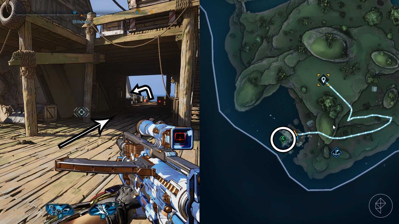 Uma montagem de duas imagens de Borderlands 4 mostrando a localização de onde os jogadores encontram o fragmento de chave do cofre na região dos Fadefields