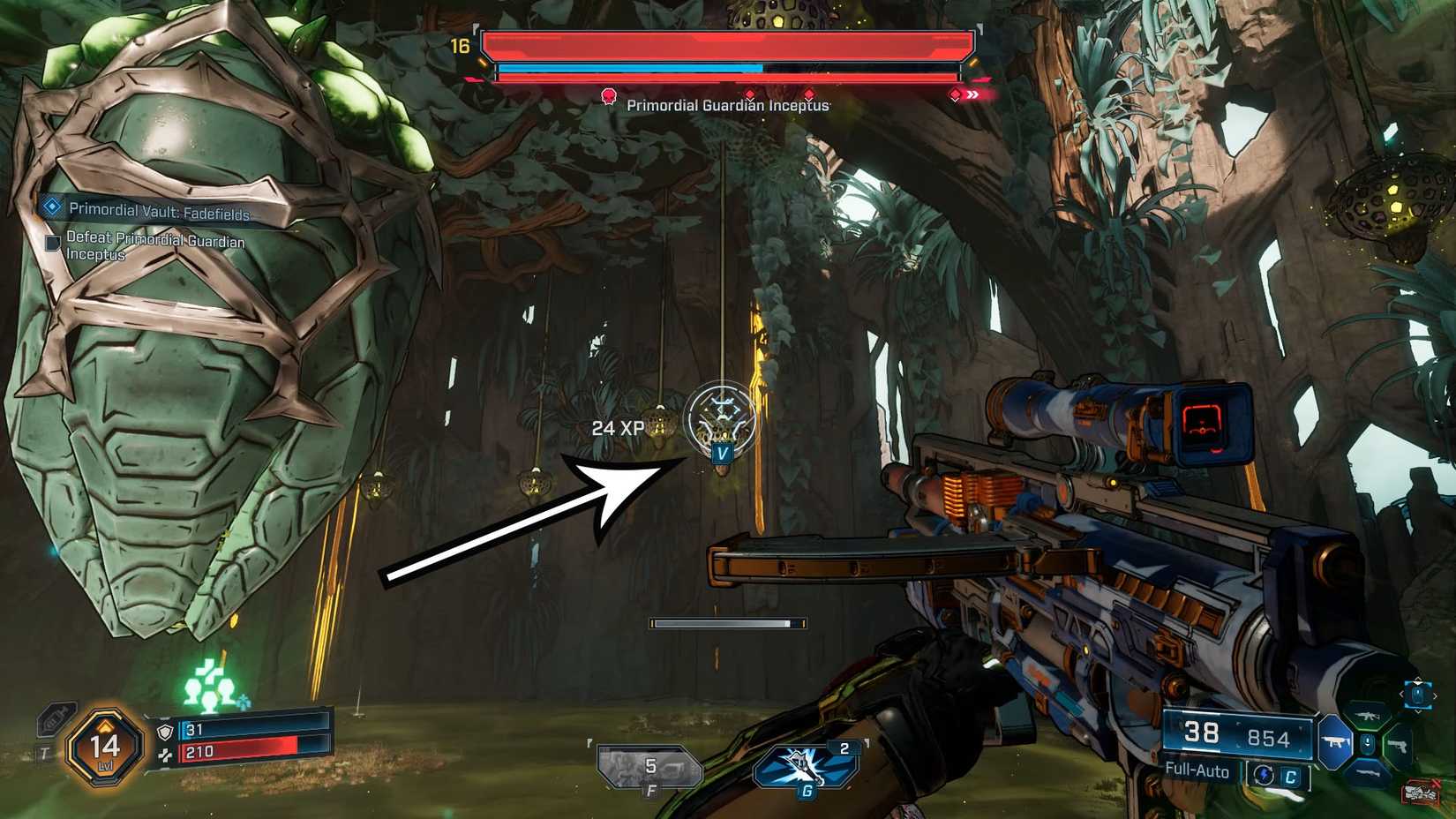 Uma captura de tela de Borderlands 4 mostrando as plantas que você precisa pular durante a luta Inceptus para evitar o piso venenoso