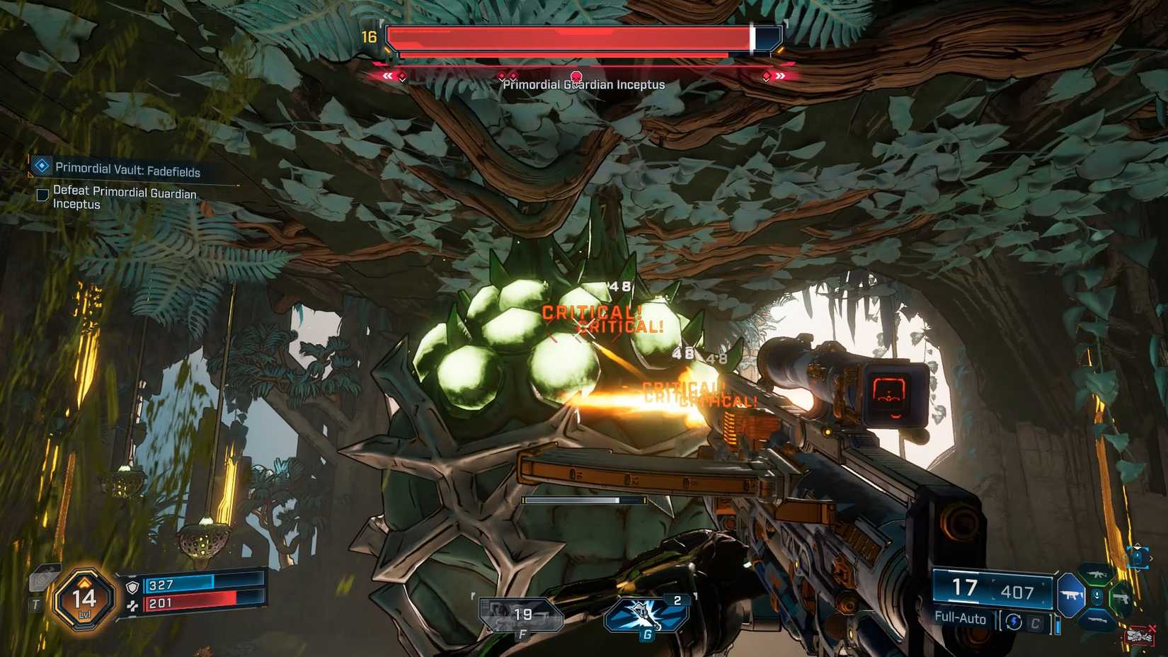 Uma captura de tela de Borderlands 4 mostrando o topo do casulo na luta Inceptus