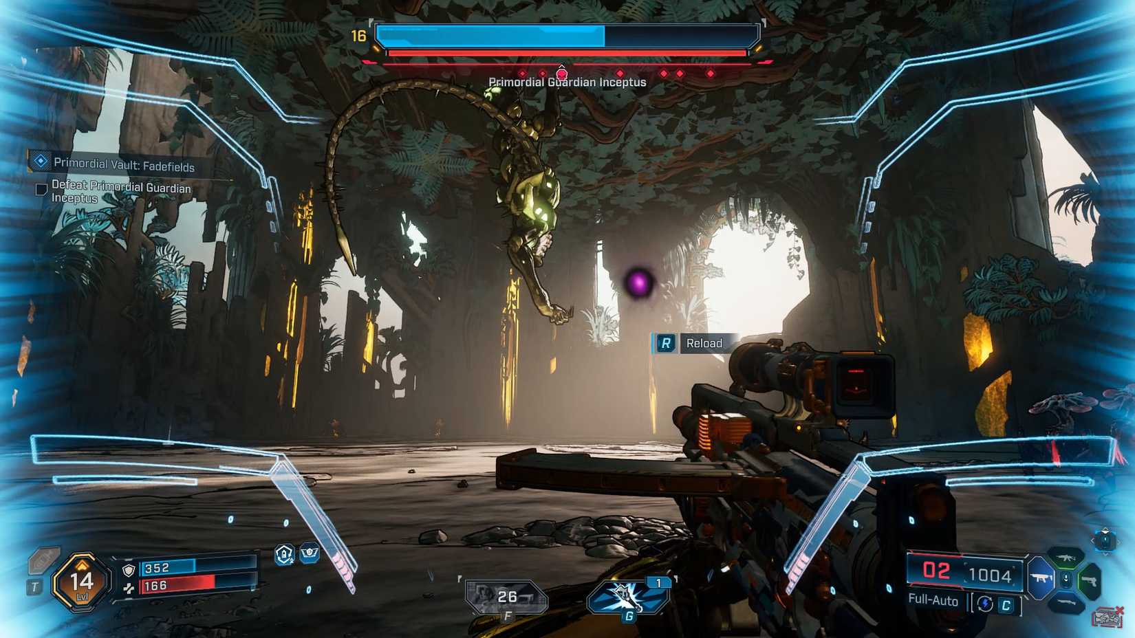 Uma captura de tela de Borderlands 4 mostrando o chefe de Incceptus no teto e uma esfera roxa na frente dele.