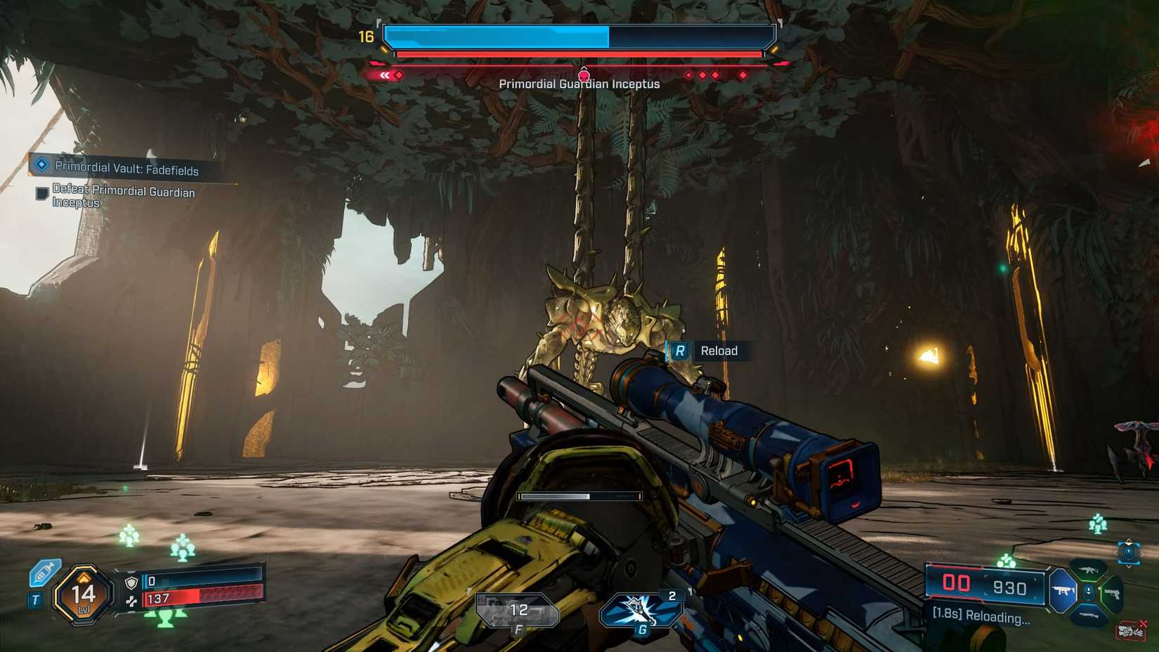 Uma captura de tela de Borderlands 4 mostrando o Incceptus com suas duas caudas presas no teto