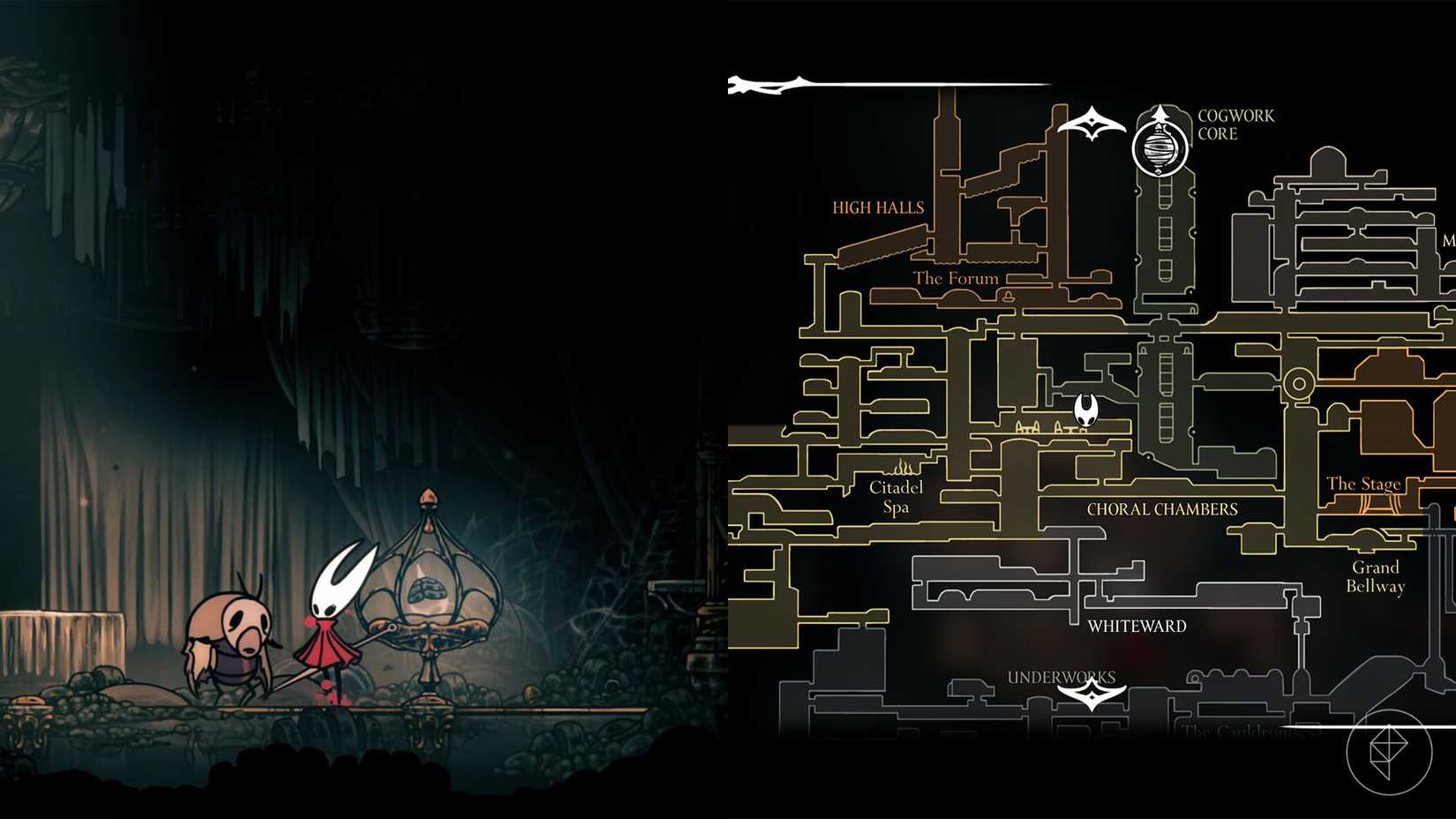 Hornet em pé ao lado de fiéis Mergwin em câmaras corais em Silksong.