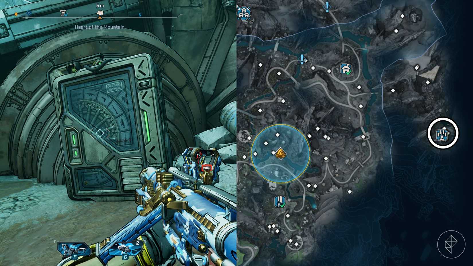 Uma montagem de duas imagens Borderlands 4 mostrando a localização da máquina do banco em ossos do santuário