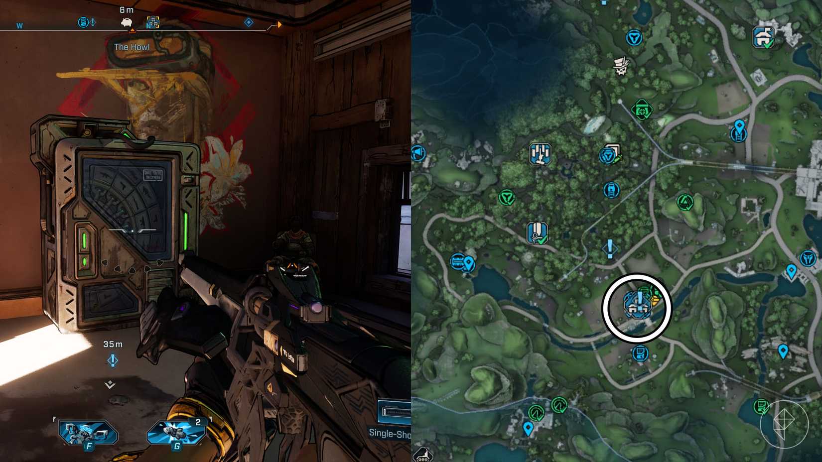 Uma montagem de duas imagens de Borderlands 4 mostrando a localização da máquina do banco no LaunchPad