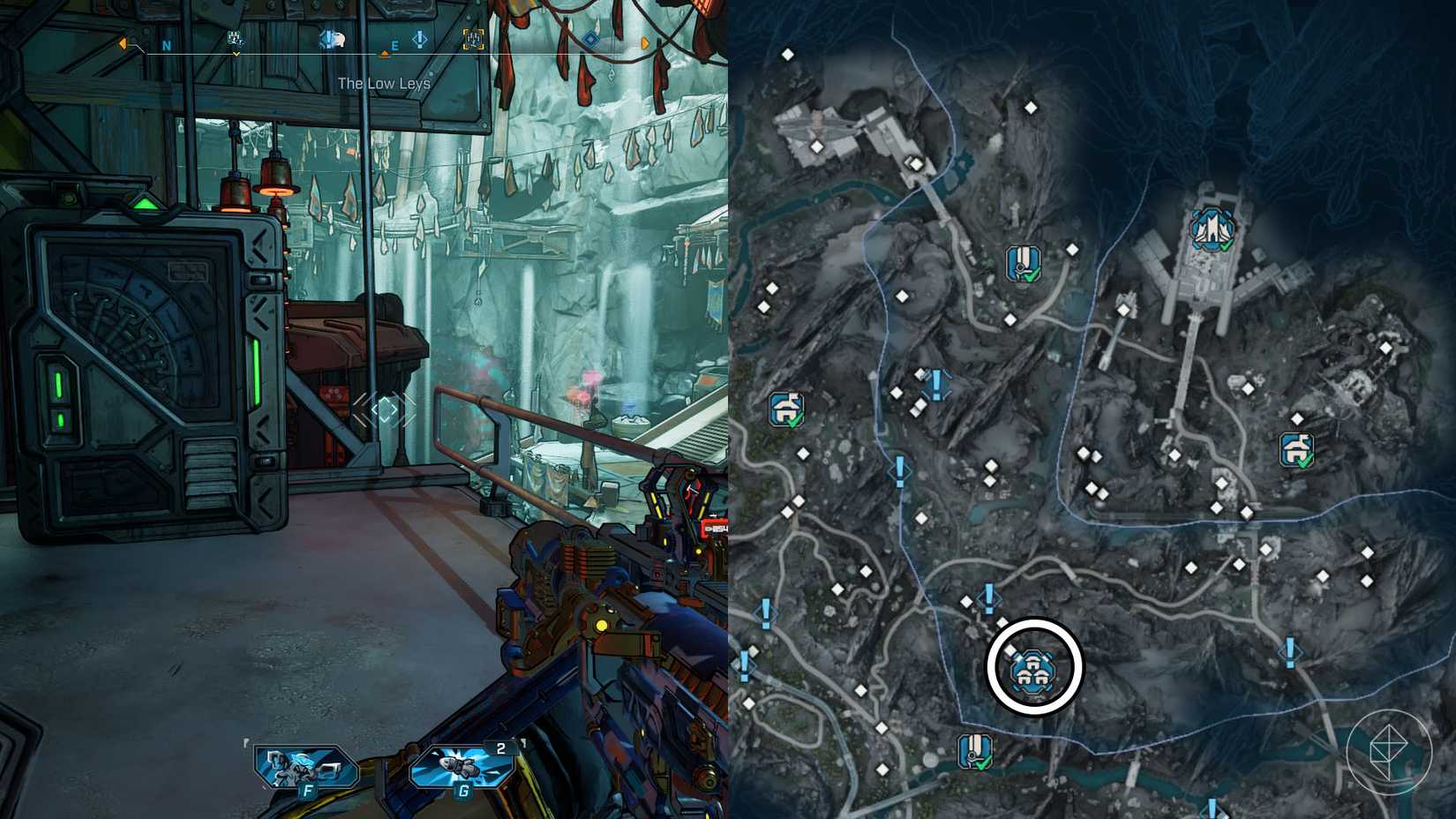 Uma montagem de duas imagens Borderlands 4 mostrando a localização da máquina do banco no Belton's Bored