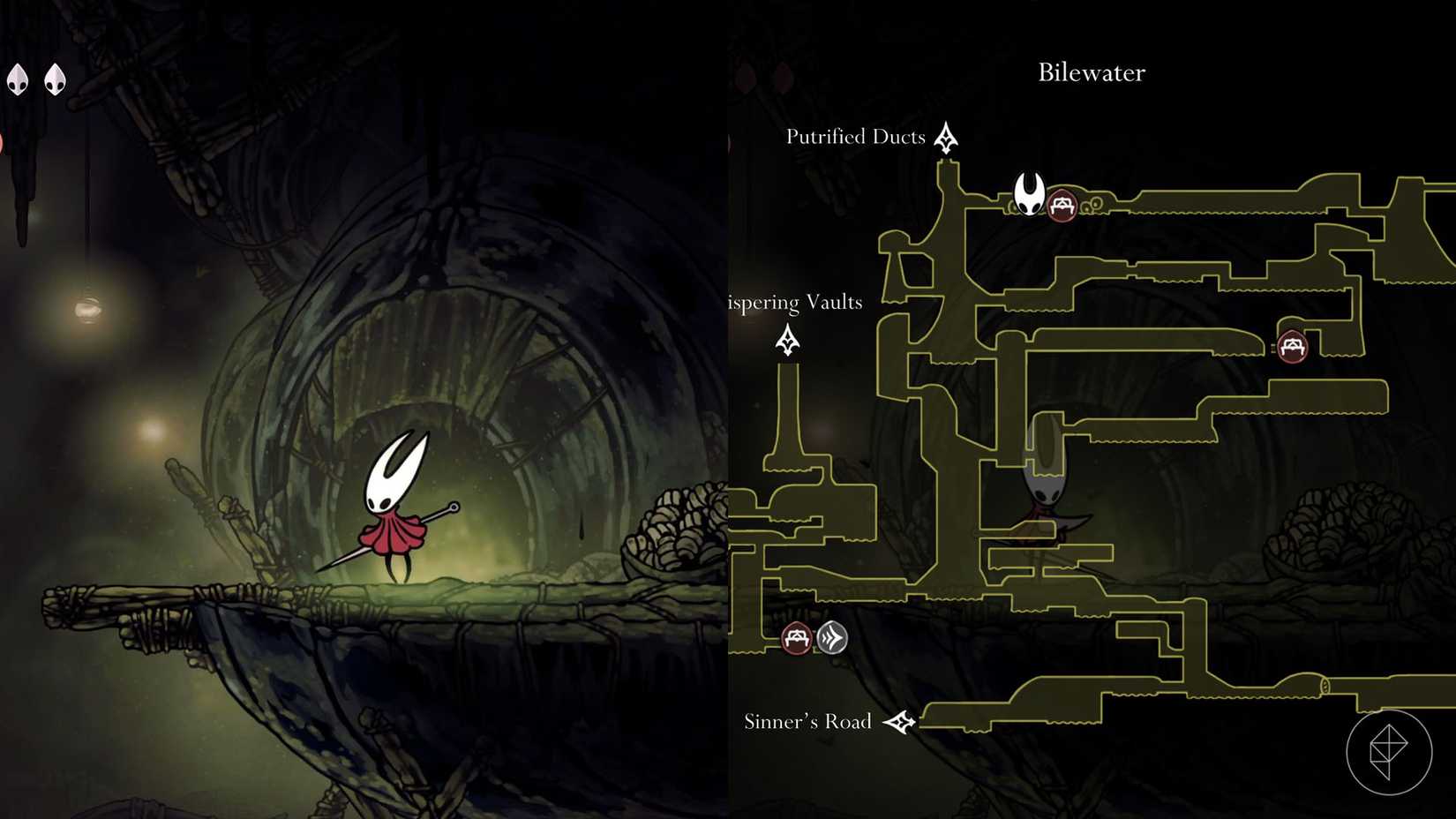 Hornet em pé do lado de fora de uma casa em água da bile em Silksong.