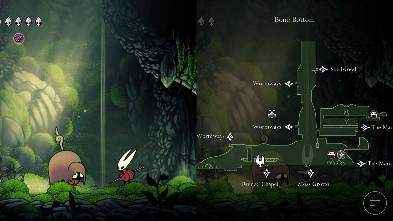 Hornet em pé ao lado da empregada da capela em Silksong.