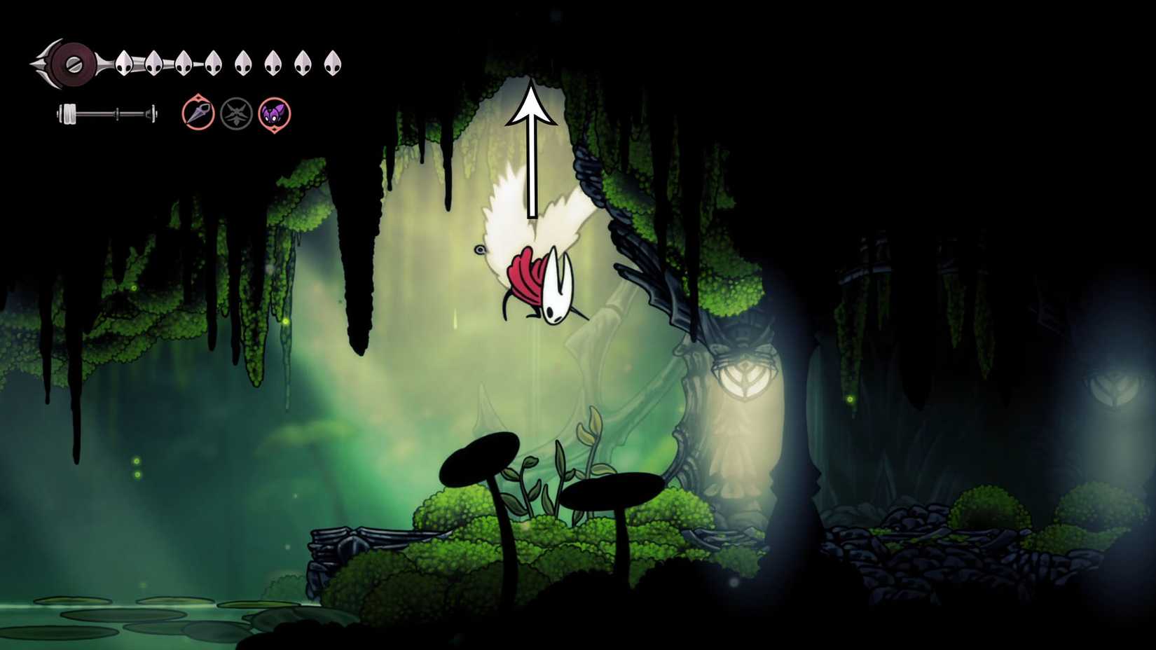 Hornet pulando em um buraco secreto no teto em Alta mais tecelão em Silksong.