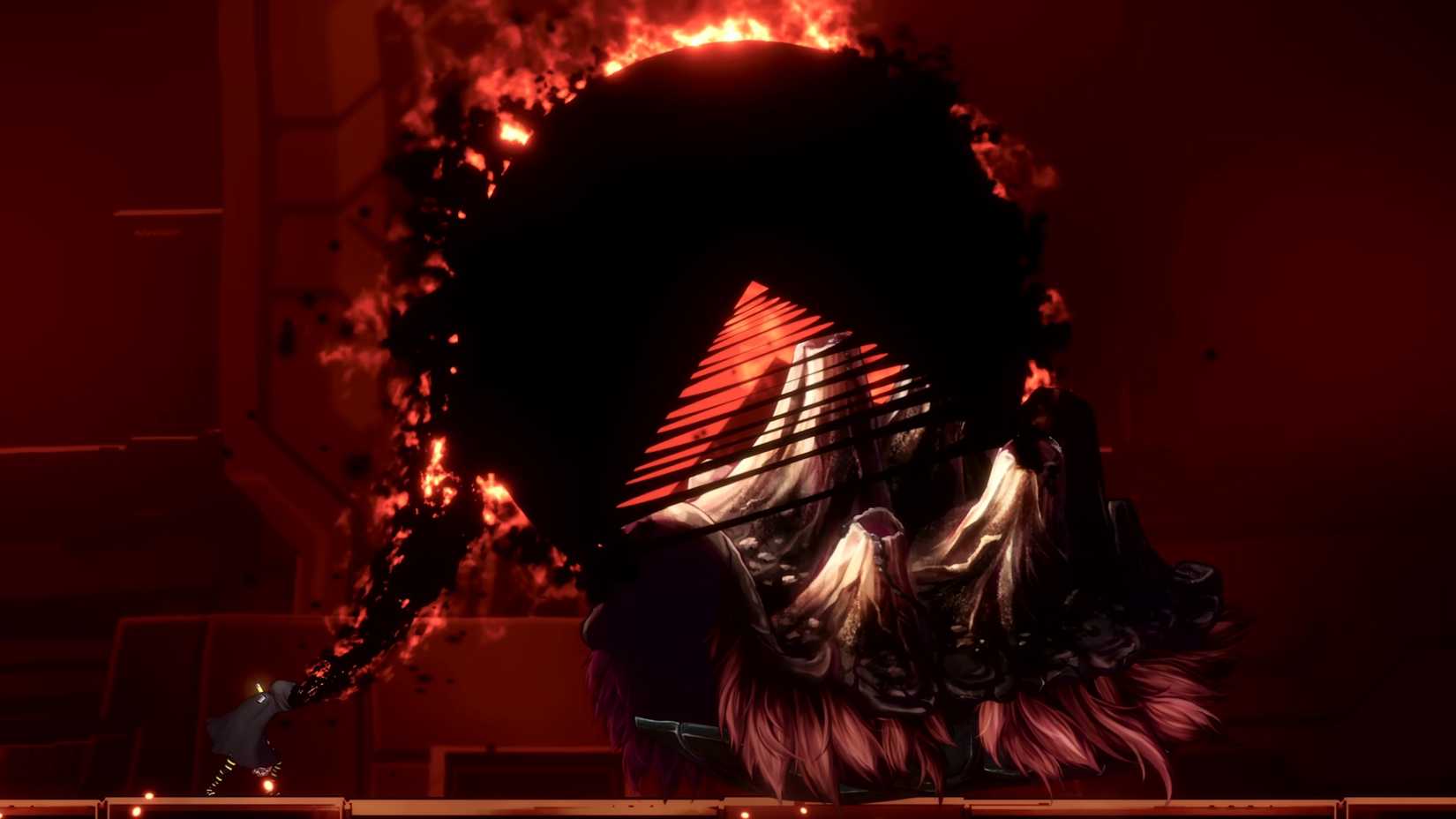 Uma figura sombria e parecida com Pac-Man se prepara para comer um monstro gigante