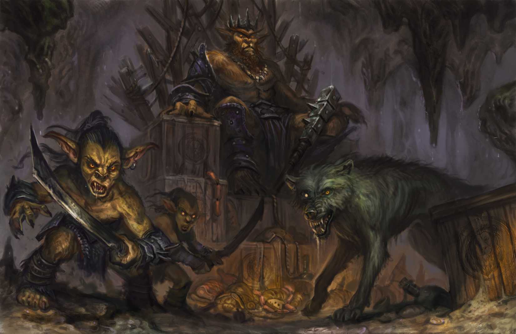 Um Bugbear, dois goblins e um lobo olhando fora do quadro pronto para a ação. Salactites úmidas na mão.