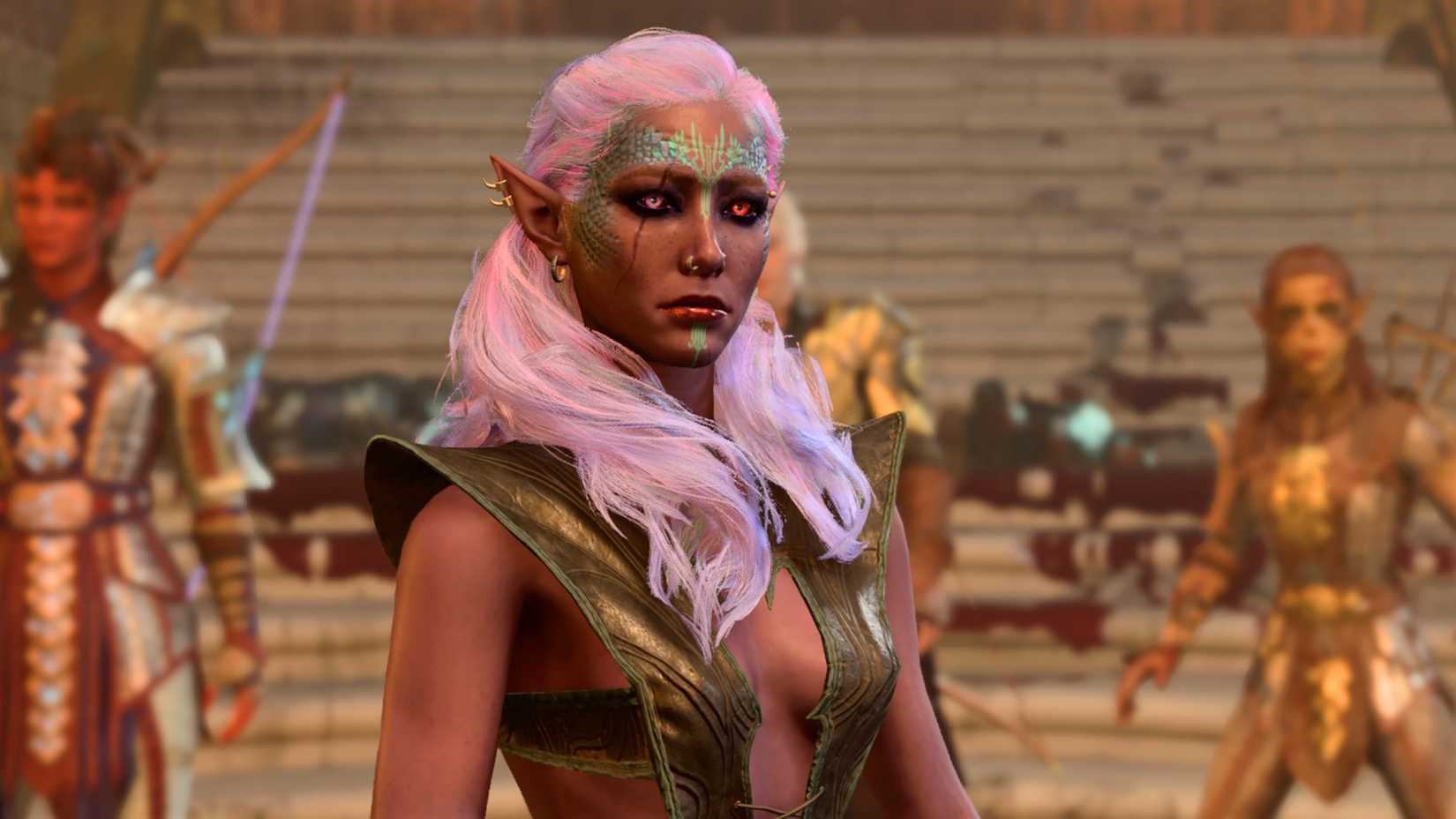 Uma fêmea Elf Tav enfrenta a câmera, parecendo preocupada. Karlach e Lae'zel estão atrás dela.