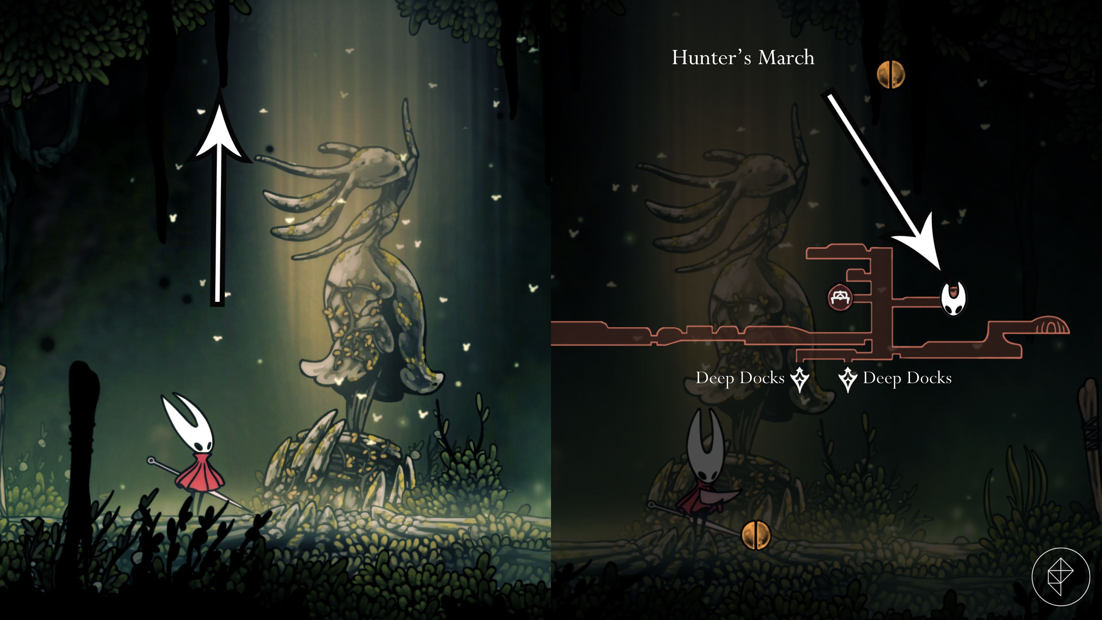 A entrada de uma área secreta da Lei 3 nos campos mais distantes em Hollow Knight: Silksong.