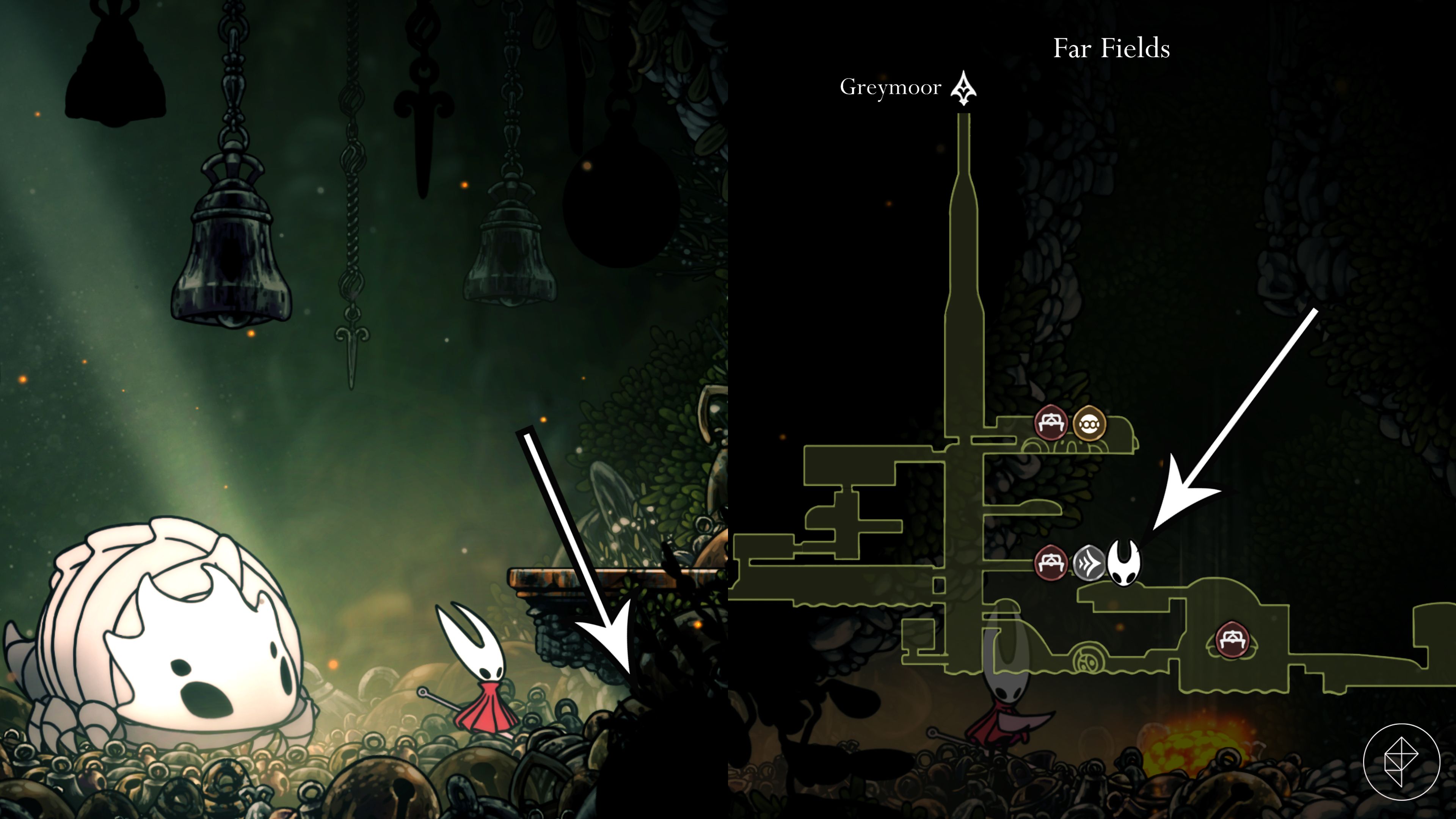 A entrada de uma área secreta nos campos mais distantes em Hollow Knight: Silksong.