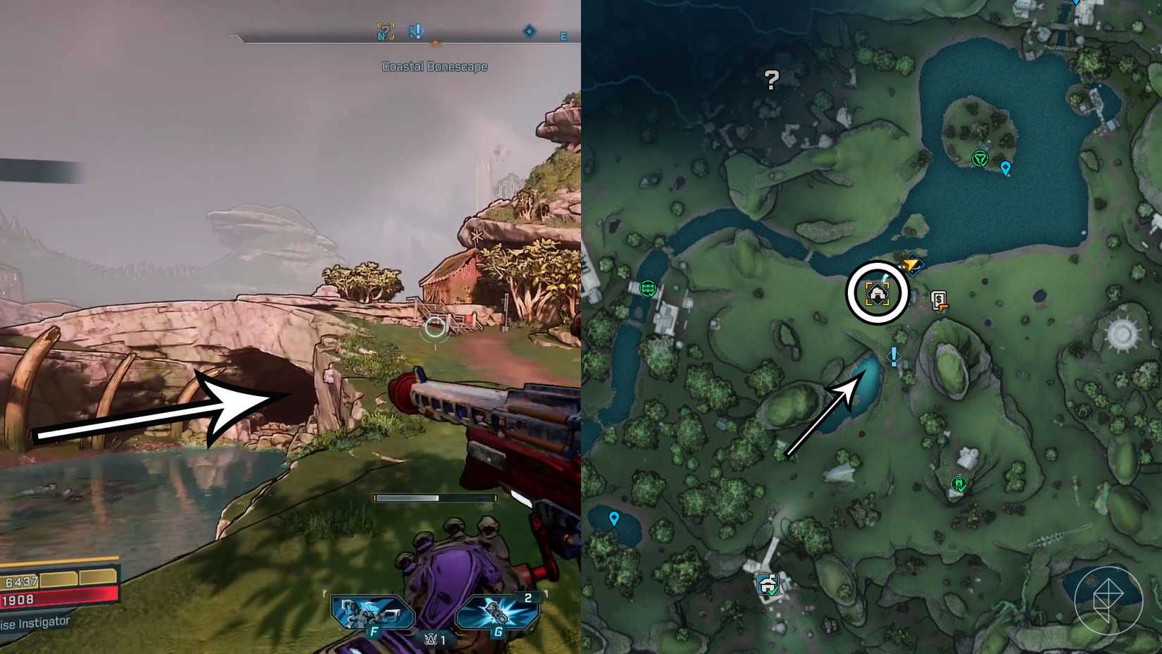 Uma montagem de duas imagens de Borderlands 4 mostrando o local onde os jogadores podem encontrar o tímido da mina de Auger abandonada do Kyle Kyle