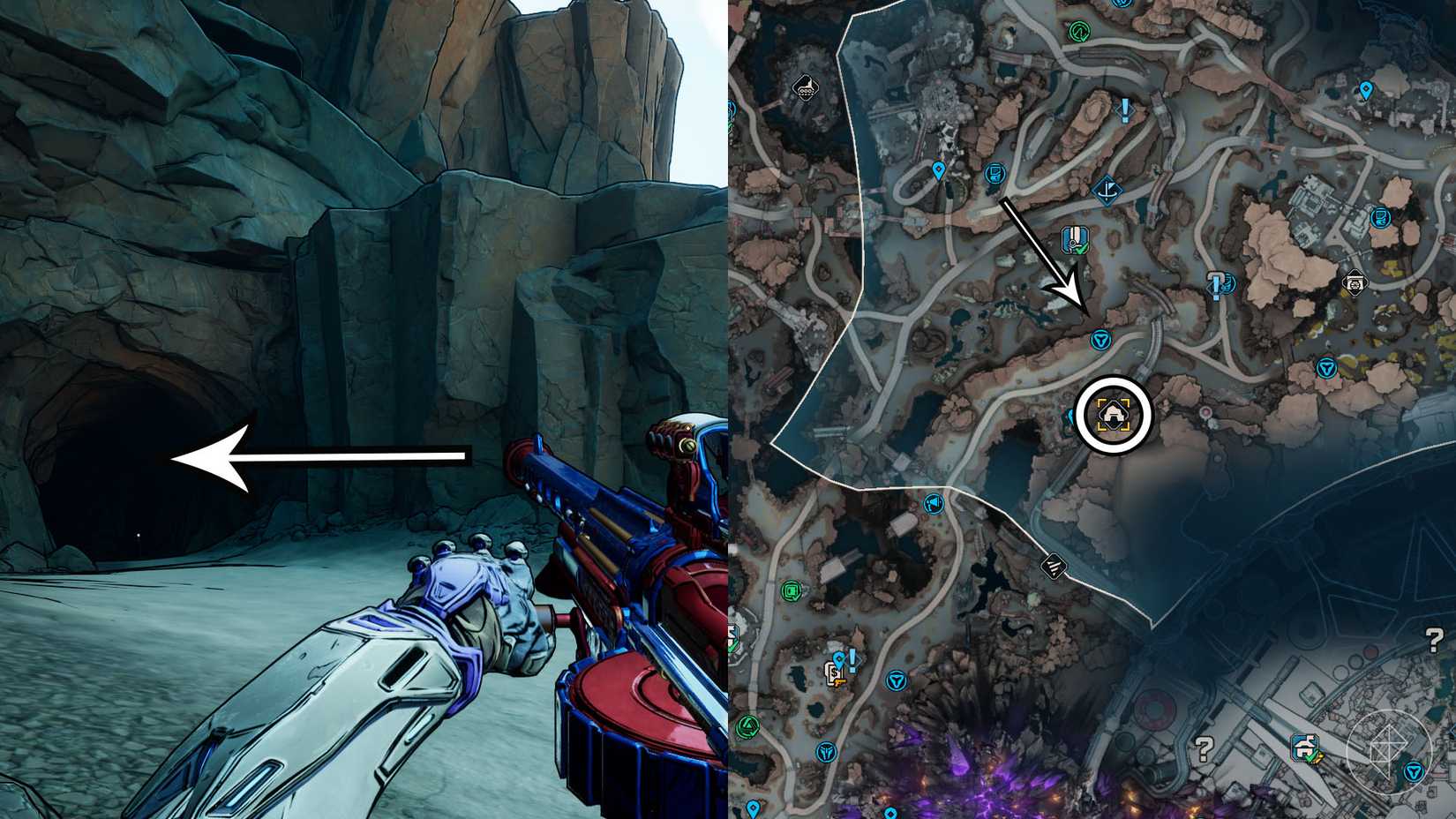 Uma montagem de duas imagens de Borderlands 4 mostrando o local onde os jogadores podem encontrar a mina de Auger abandonada do Pigeonhole