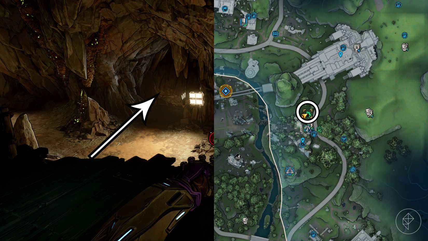 Uma montagem de duas imagens Borderlands 4 mostrando o local onde os jogadores podem encontrar a reivindicação abandonada aero mina