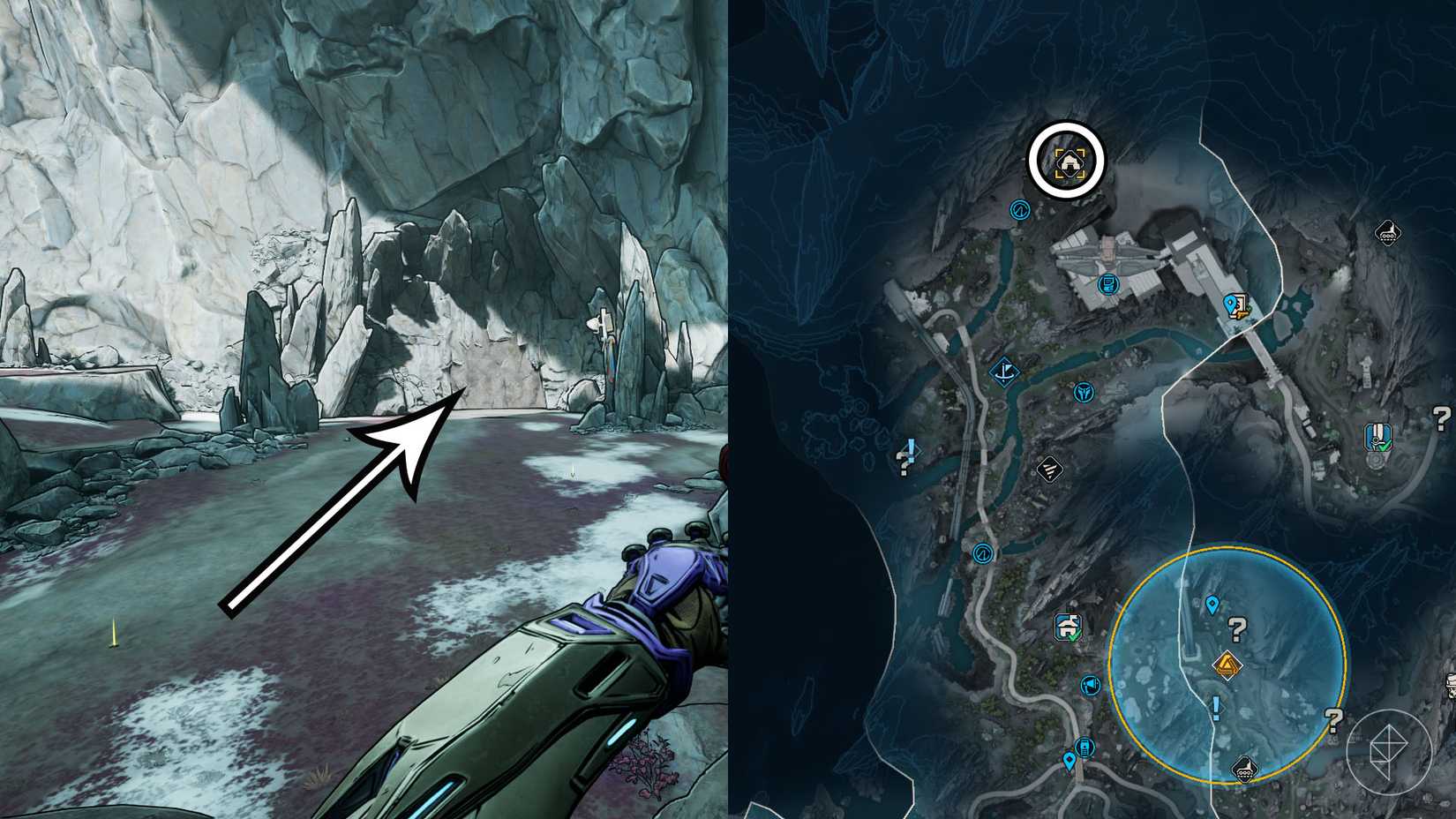 Uma montagem de duas imagens de Borderlands 4 mostrando o local onde os jogadores podem encontrar a mina de triturou Bittervein abandonado