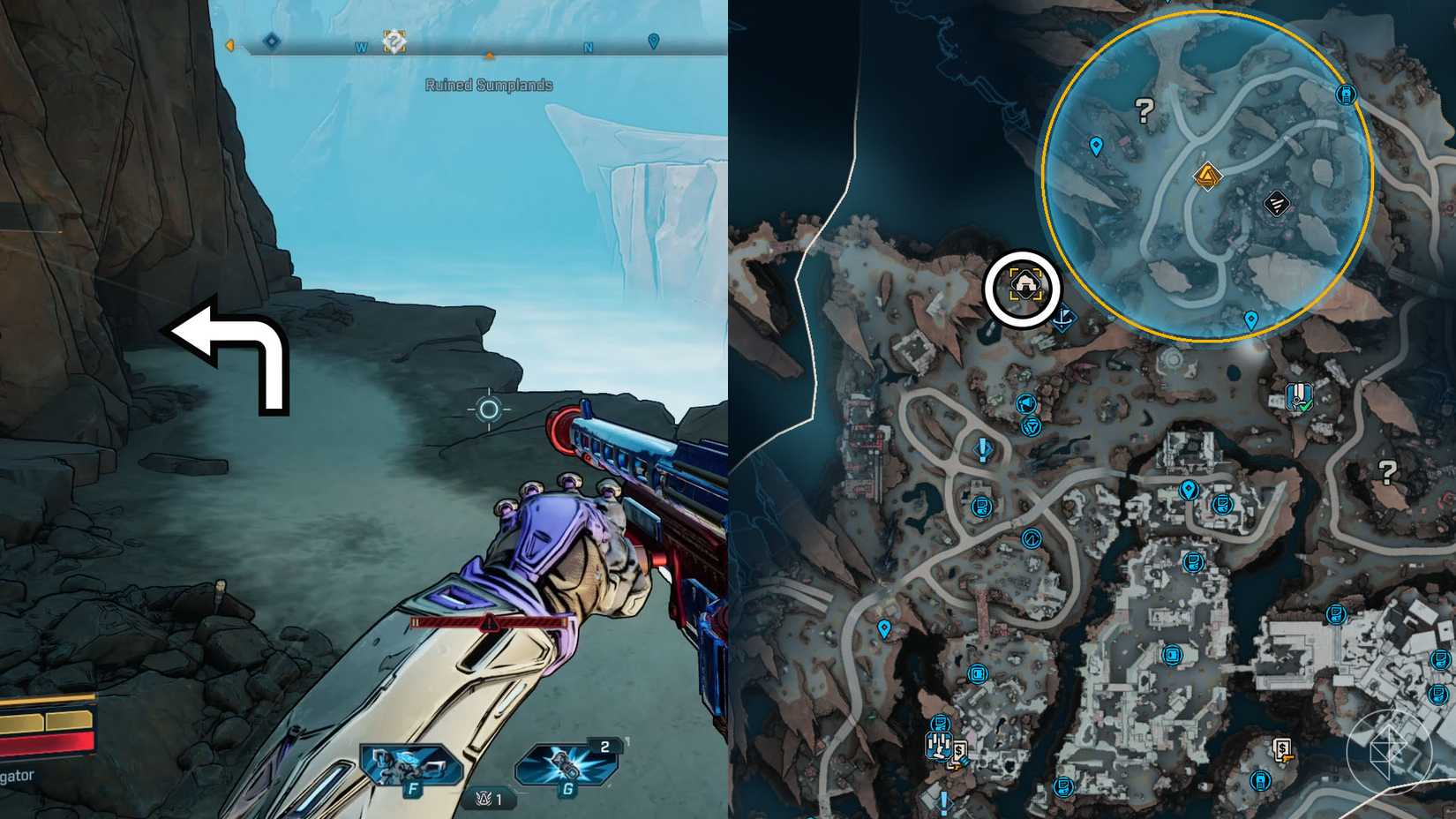 Uma montagem de duas imagens de Borderlands 4 mostrando o local onde os jogadores podem encontrar a mina de trinket mina abandonada