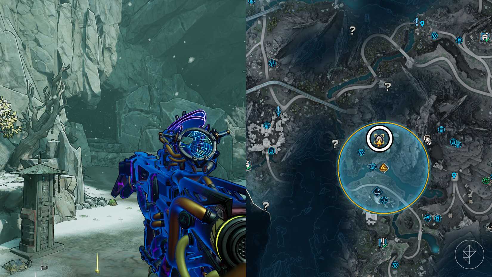 Uma montagem de duas imagens de Borderlands 4 mostrando o local onde os jogadores podem encontrar o maw do Whistler abandonou a mina