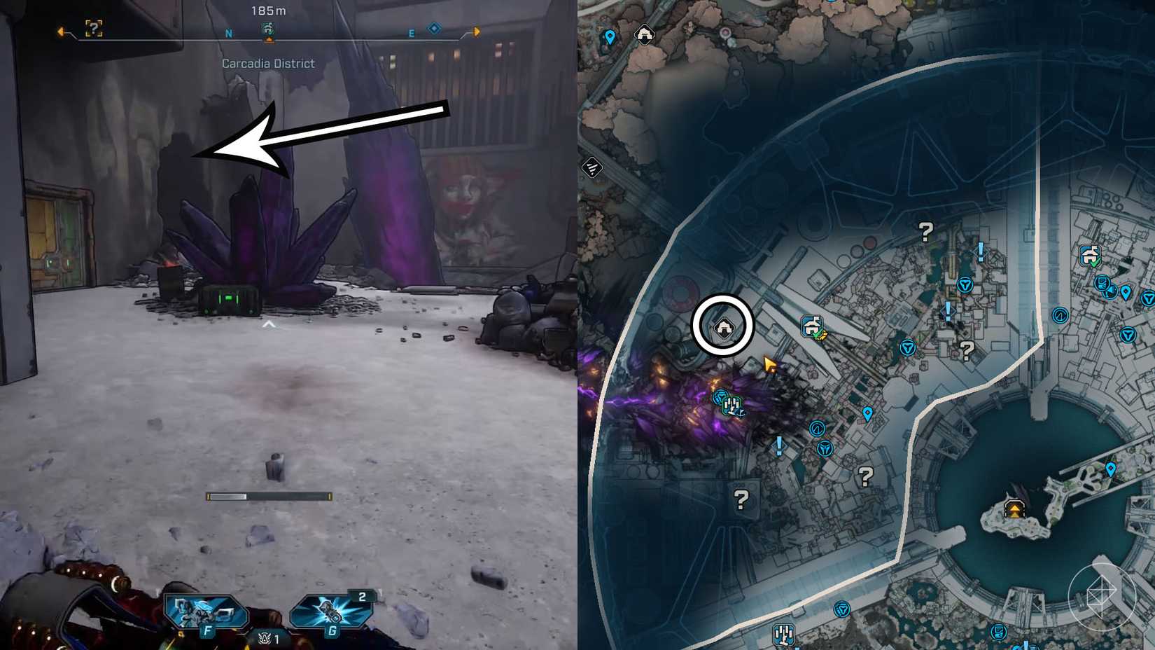 Uma montagem de duas imagens de Borderlands 4 mostrando o local onde os jogadores podem encontrar o trabalho de estragar Vis Vis Abraer Mine Mine