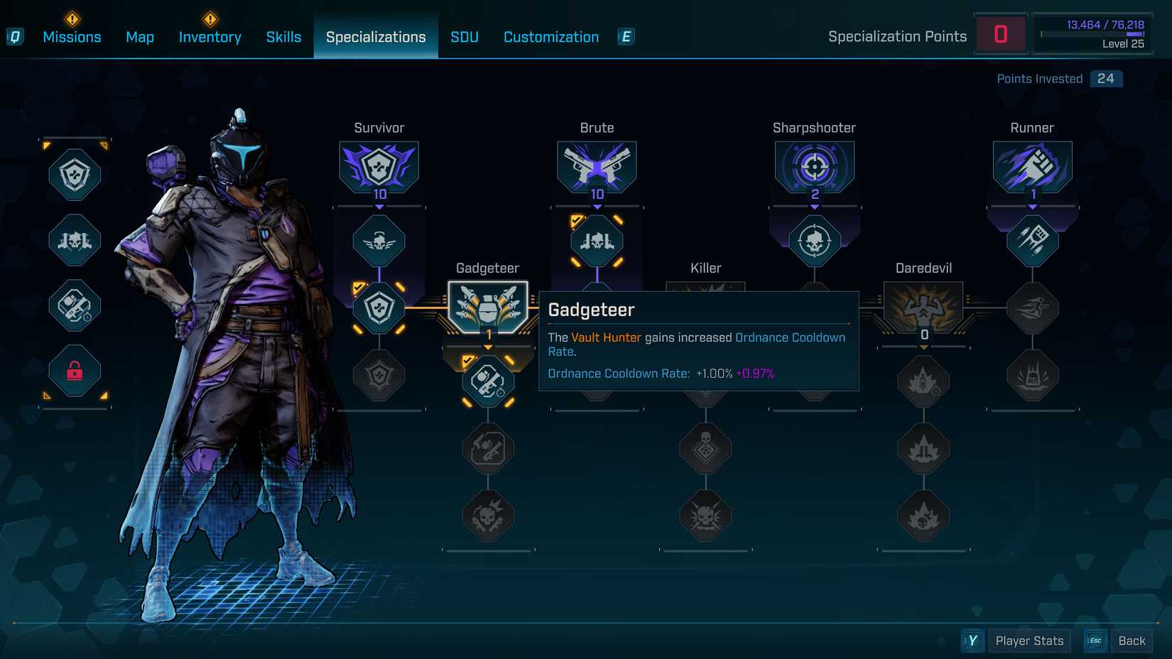 Uma captura de tela Borderlands 4 mostrando um dos nós de prestígio na tela de especialização